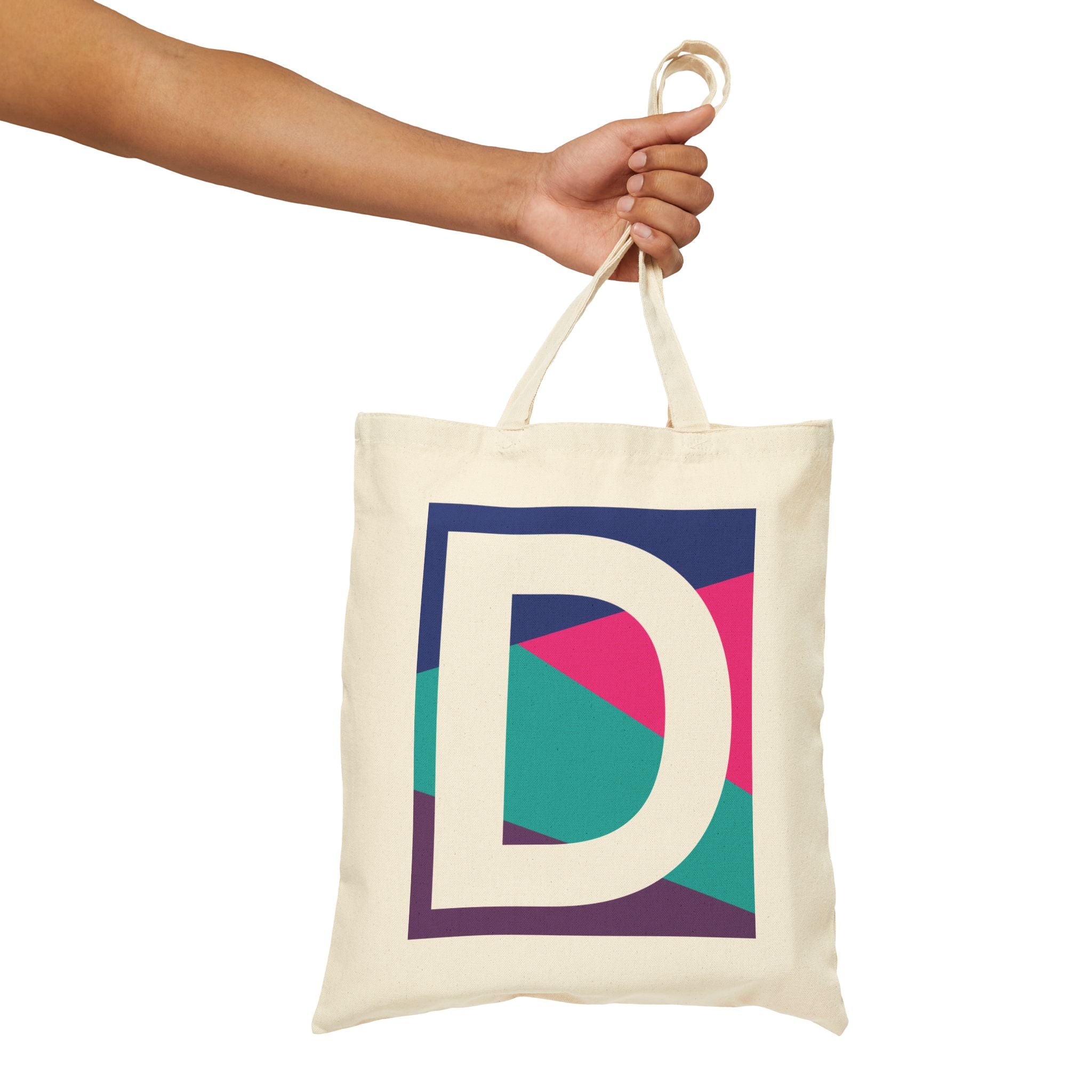 Initial D Colorblock Canvas Tote Bag — Monogram Letter D Reusable Grocery Tote