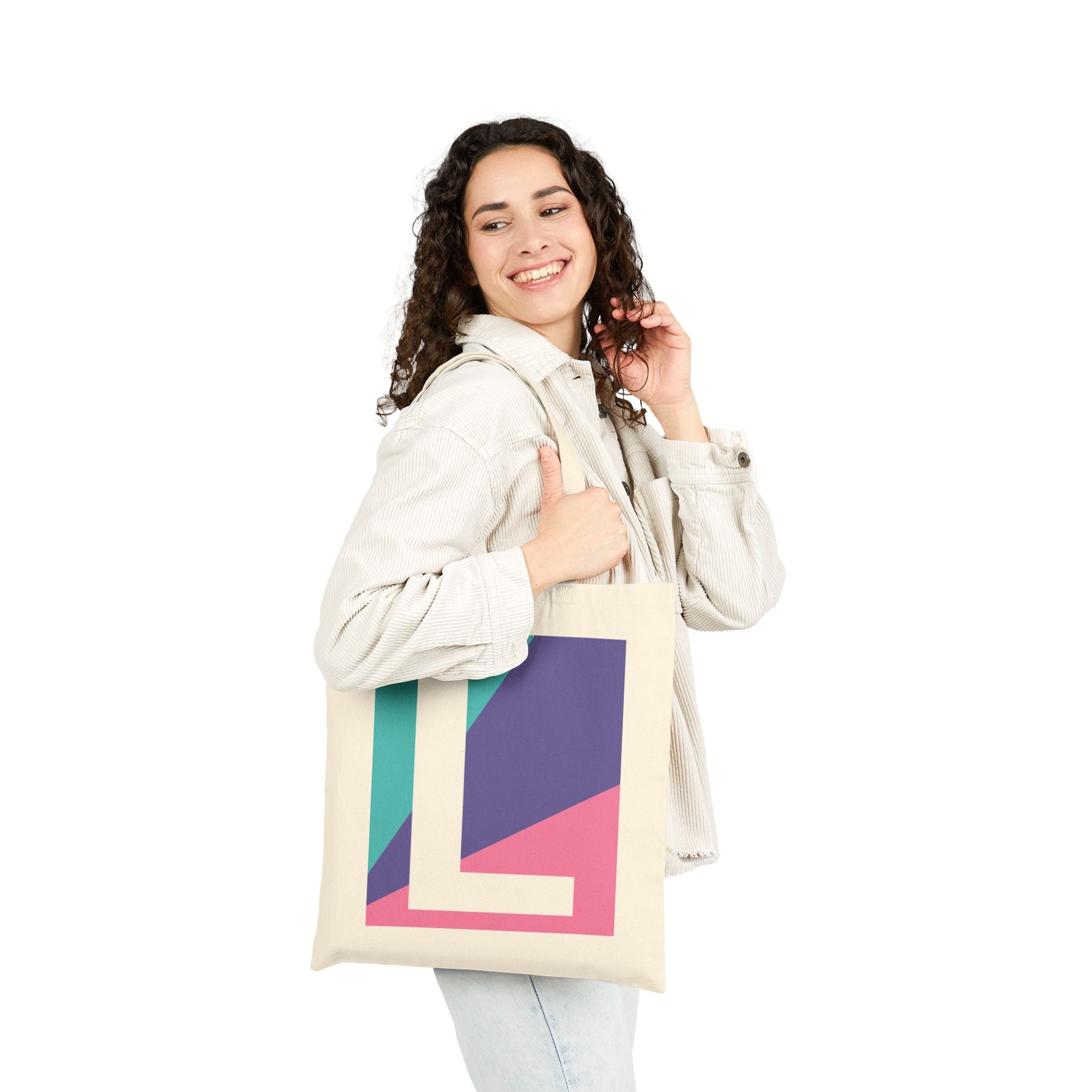 Initial L Colorblock Canvas Tote Bag — Monogram Letter L Reusable Grocery Tote