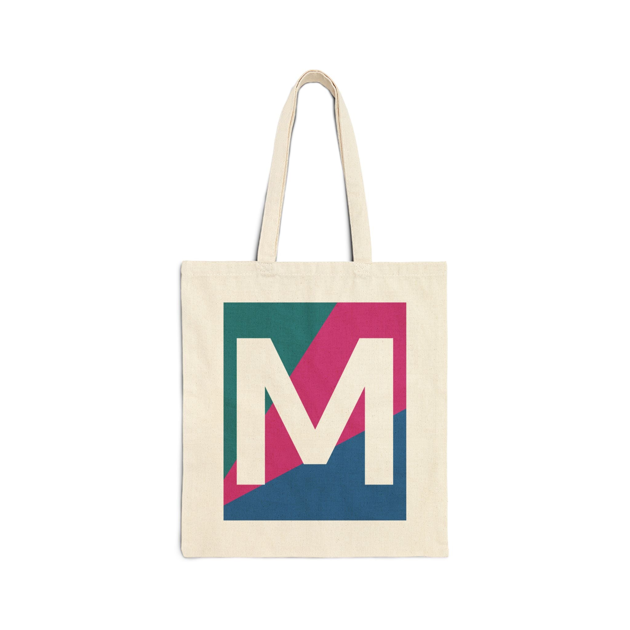 Initial M Colorblock Canvas Tote Bag — Monogram Letter M Reusable Grocery Tote