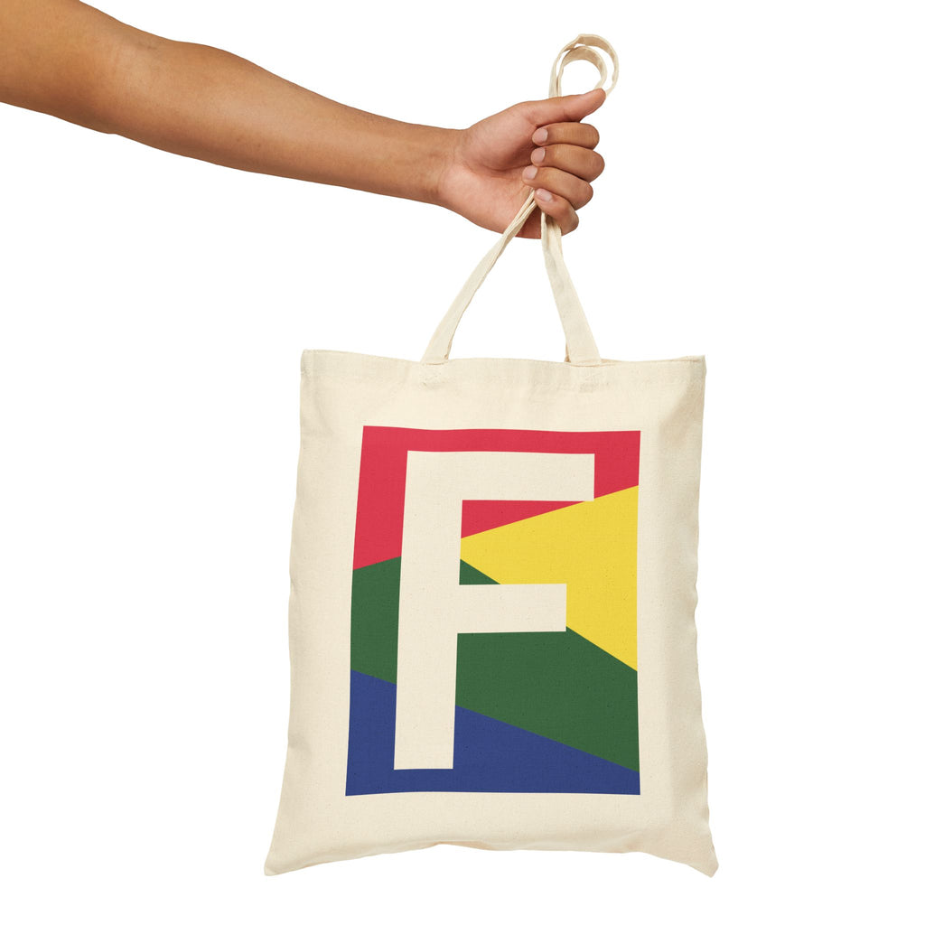 Initial F Colorblock Canvas Tote Bag — Monogram Letter F Reusable Grocery Tote