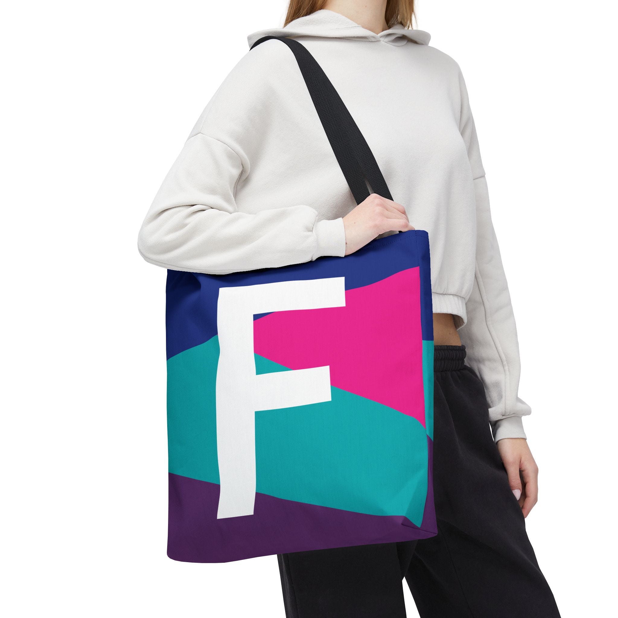Monogram 'F' Colorblock Tote Bag — Personalized Initial F Shoulder Tote