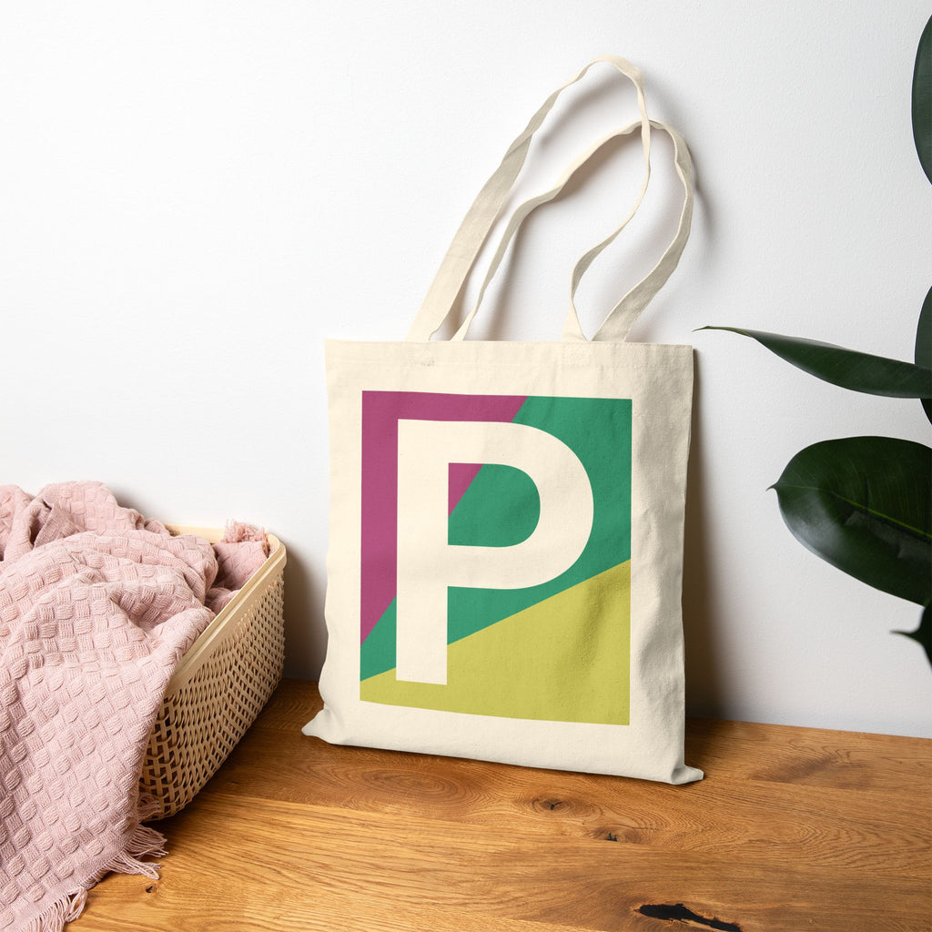 Initial P Colorblock Canvas Tote Bag — Monogram Letter P Reusable Grocery Tote