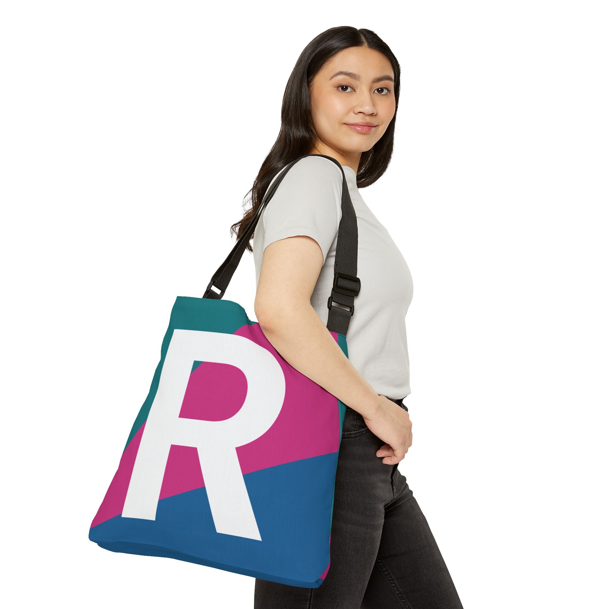 Initial Letter 'R' Colorblock Adjustable Tote Bag — Monogram Alphabet Shoulder Bag