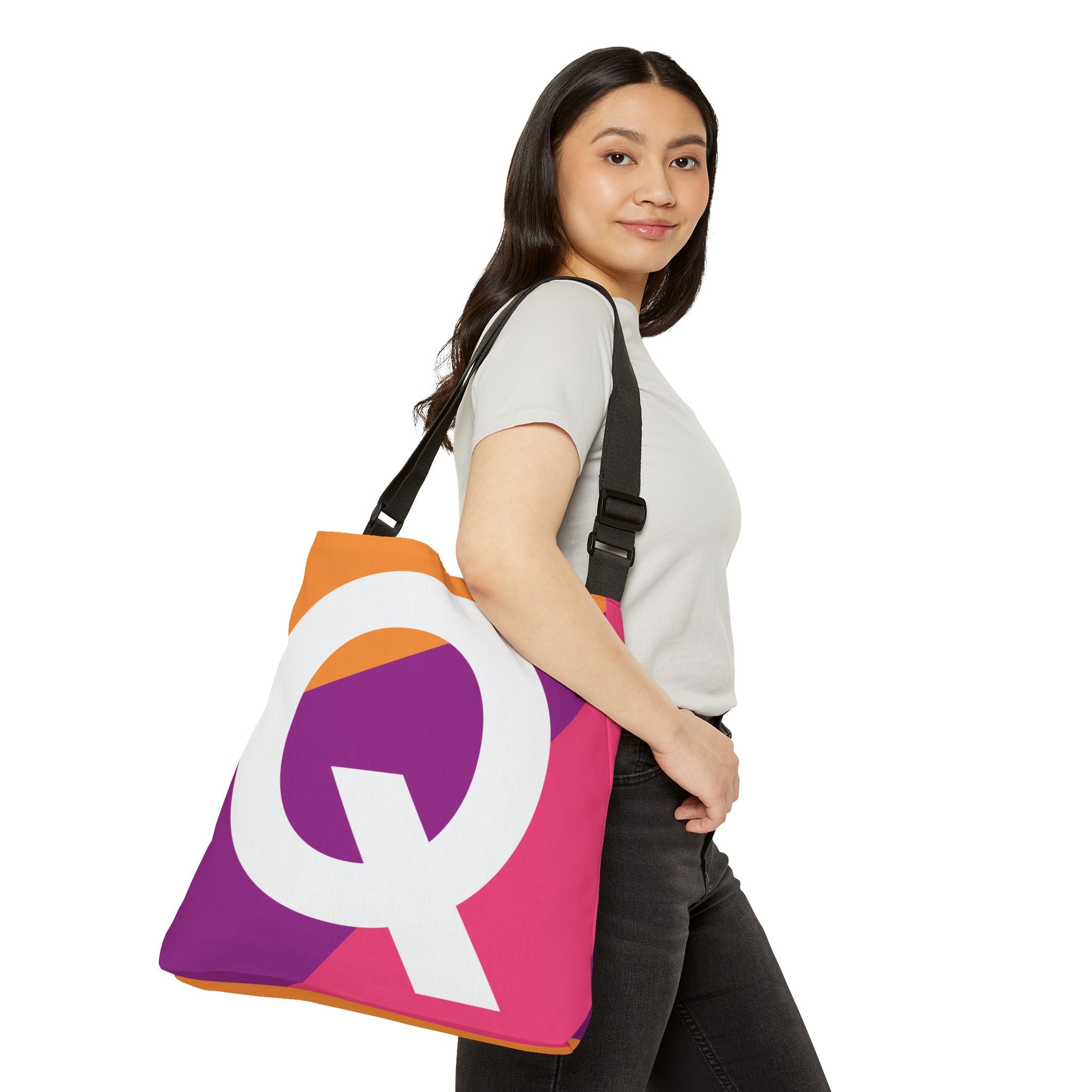 Initial Letter 'Q' Colorblock Adjustable Tote Bag — Monogram Alphabet Shoulder Bag