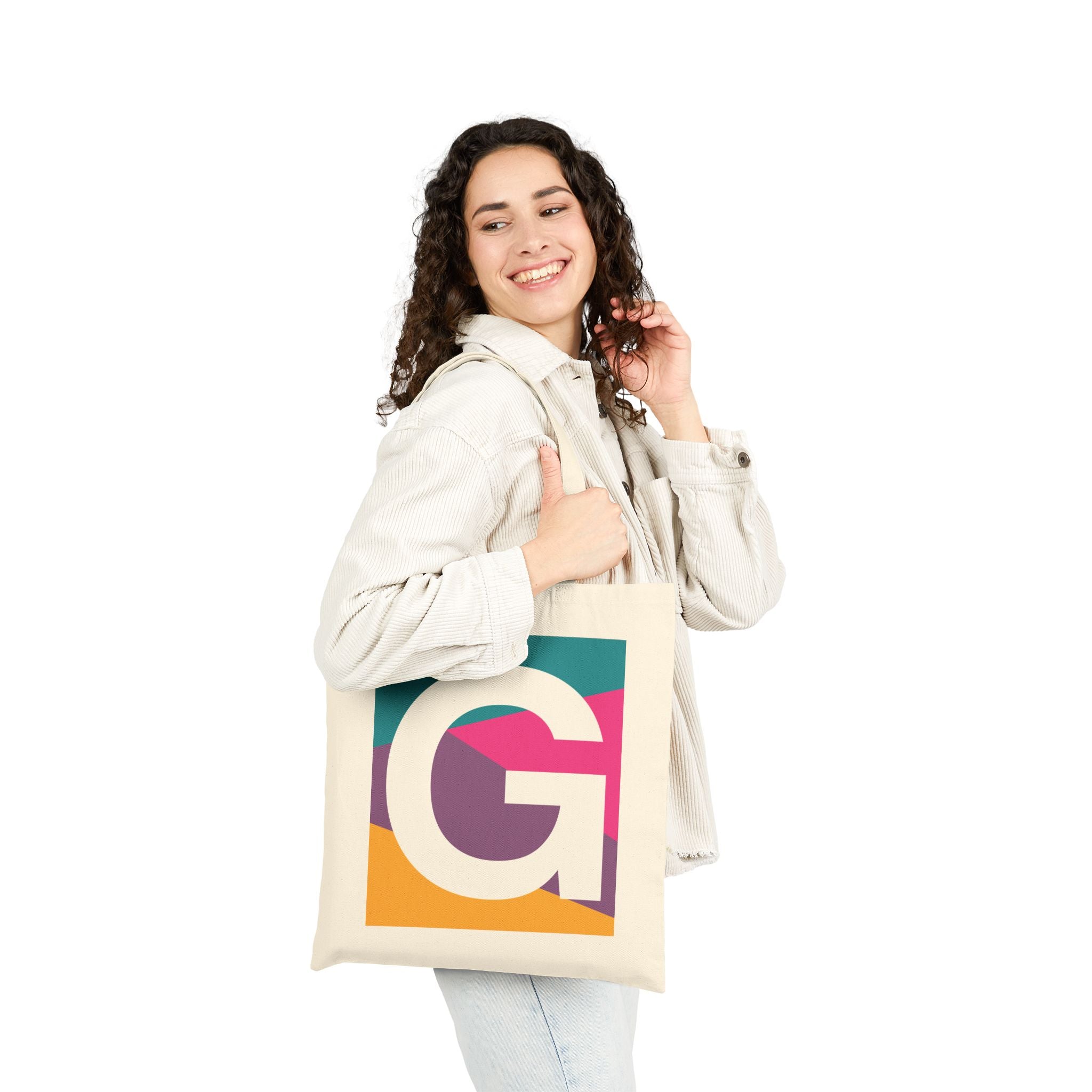 Initial G Colorblock Canvas Tote Bag — Monogram Letter G Reusable Grocery Tote