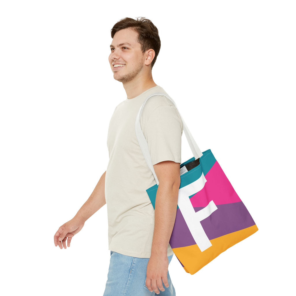 Monogram 'F' Colorblock Tote Bag — Personalized Initial F Shoulder Tote