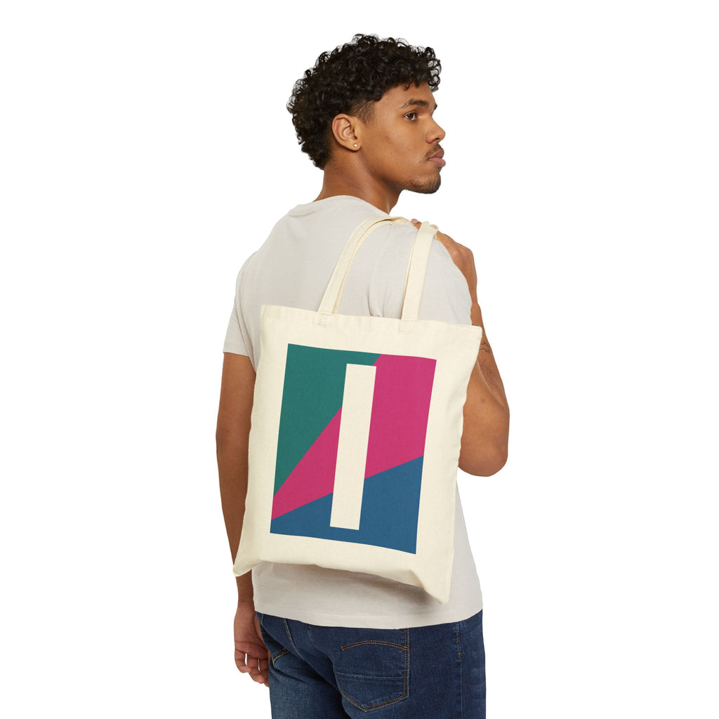 Initial I Colorblock Canvas Tote Bag — Monogram Letter I Reusable Grocery Tote