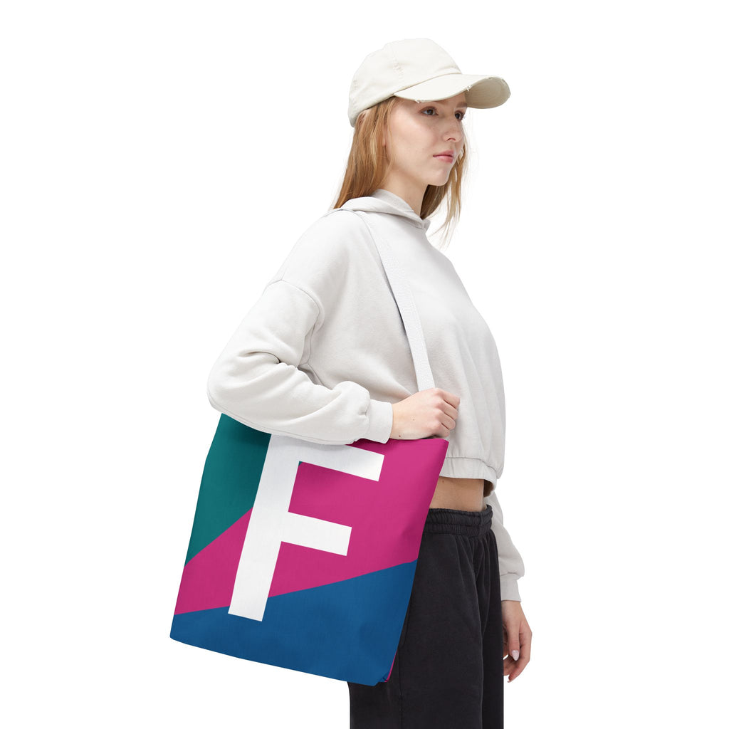 Monogram 'F' Colorblock Tote Bag — Personalized Initial F Shoulder Tote