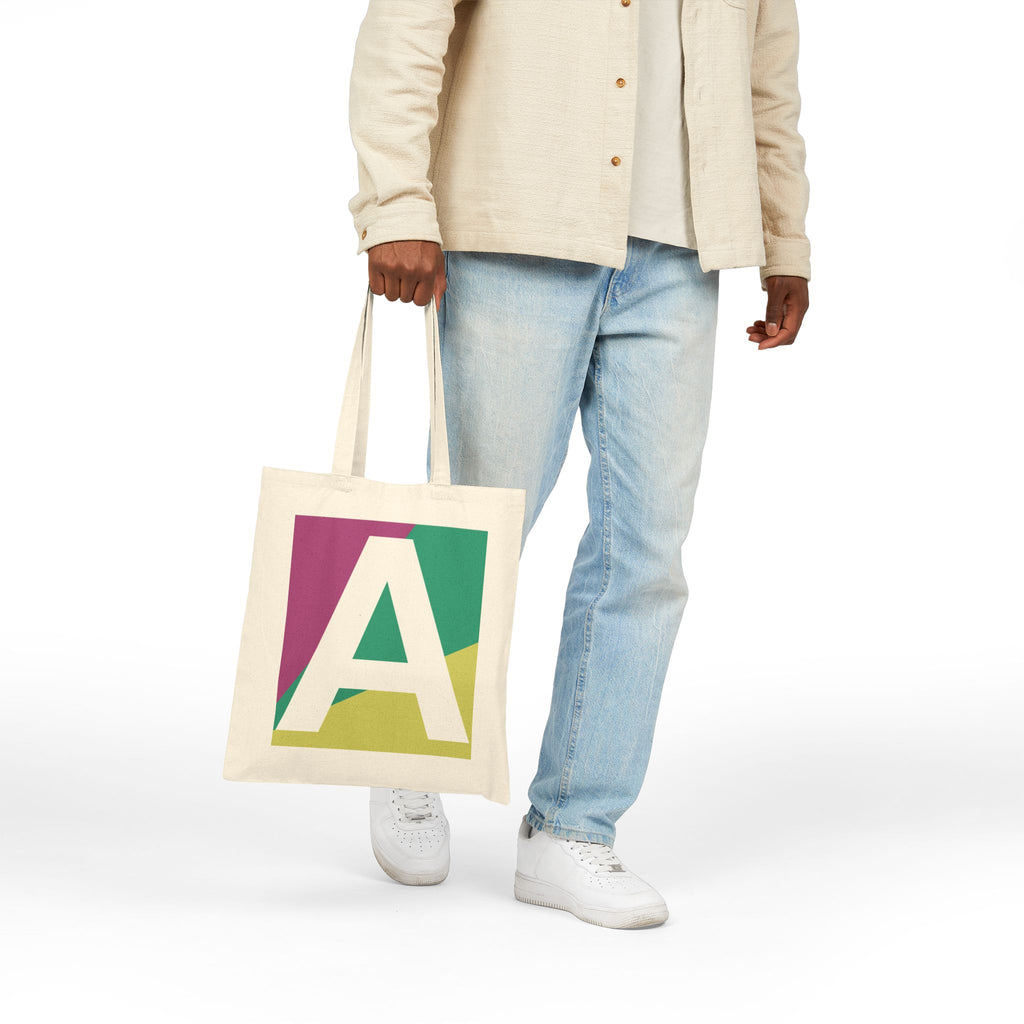Initial A Colorblock Canvas Tote Bag — Monogram Letter A Reusable Grocery Tote