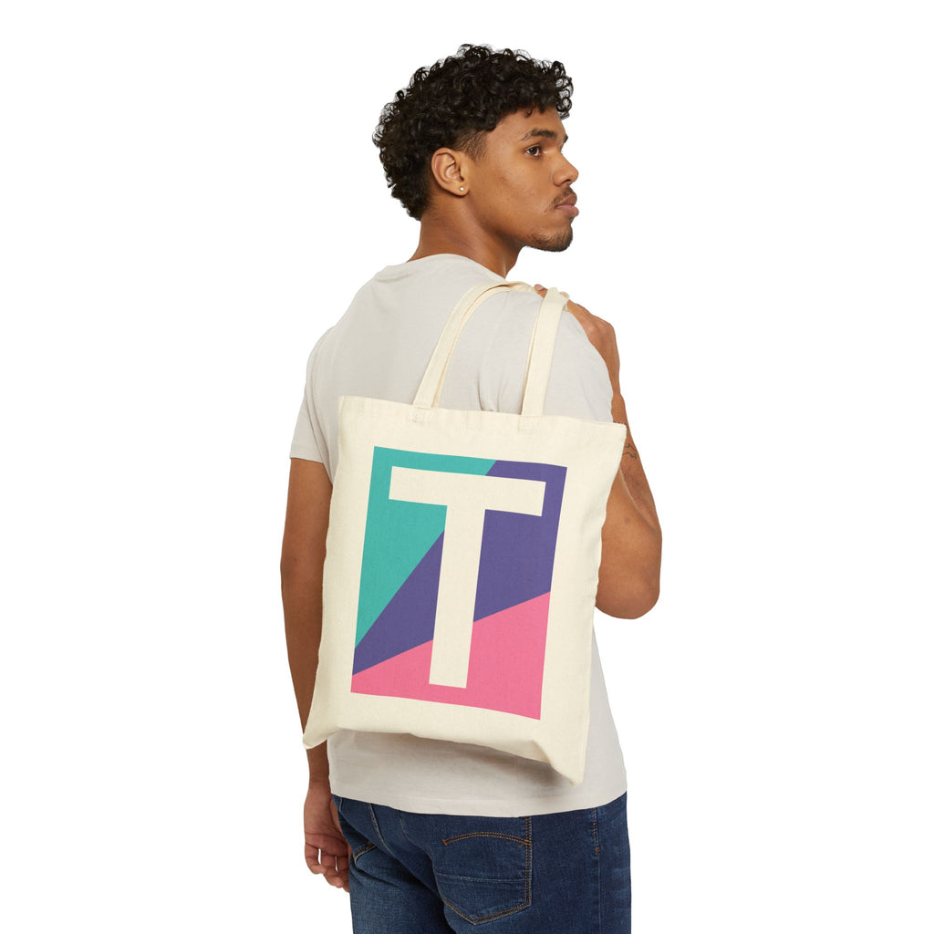Initial T Colorblock Canvas Tote Bag — Monogram Letter T Reusable Grocery Tote