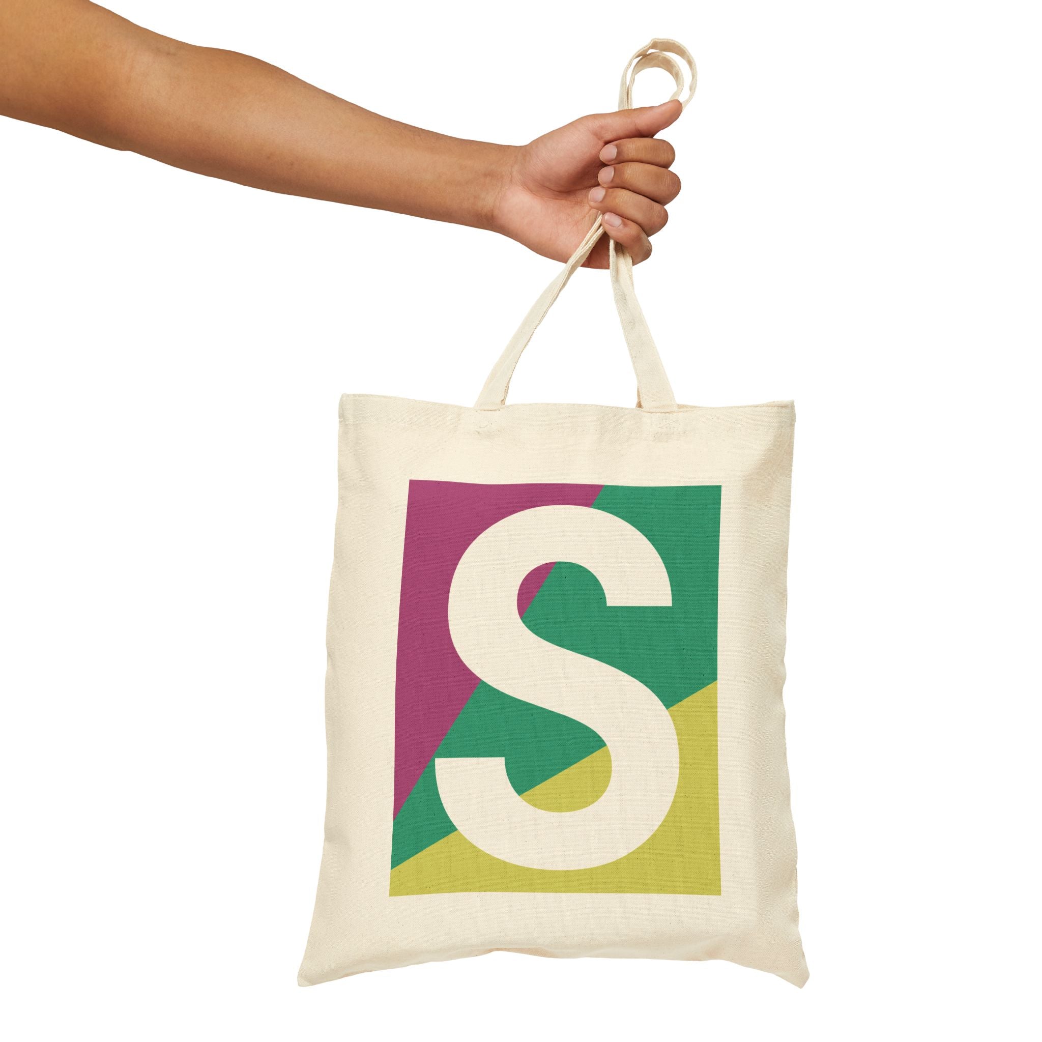 Initial S Colorblock Canvas Tote Bag — Monogram Letter S Reusable Grocery Tote