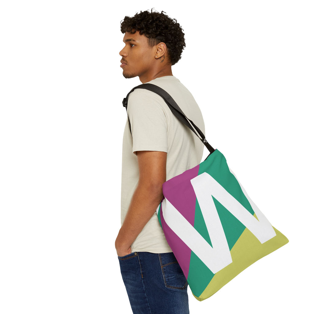Initial Letter 'W' Colorblock Adjustable Tote Bag — Monogram Alphabet Shoulder Bag
