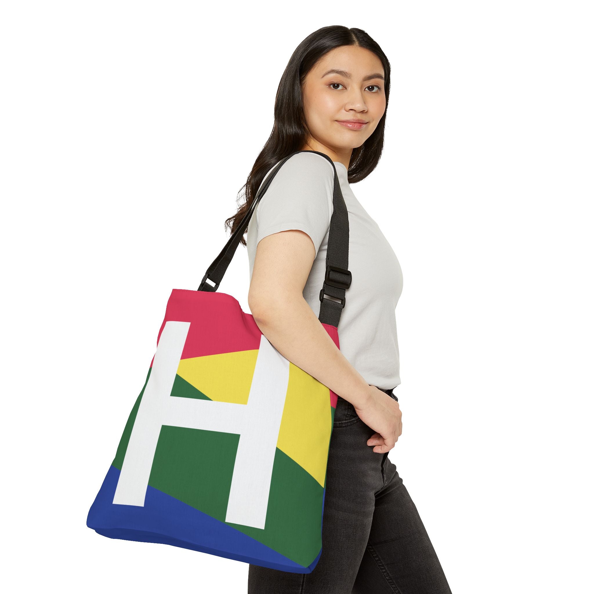 Initial Letter 'H' Colorblock Adjustable Tote Bag — Monogram Alphabet Shoulder Bag