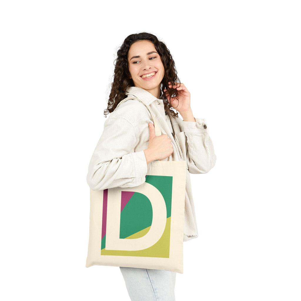 Initial D Colorblock Canvas Tote Bag — Monogram Letter D Reusable Grocery Tote