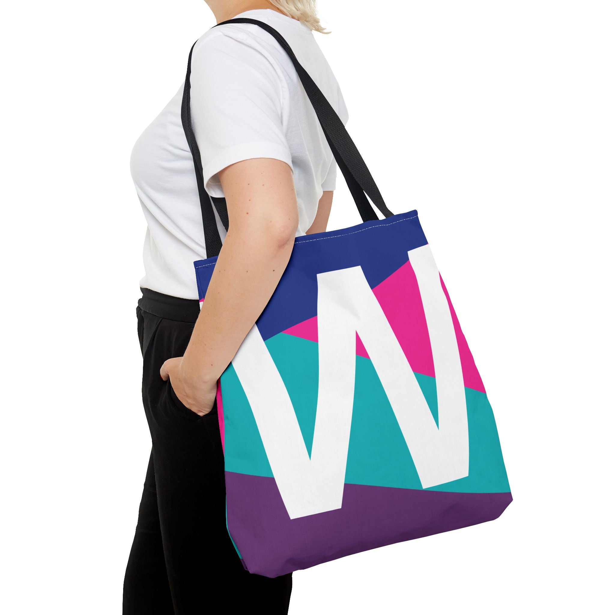Monogram 'W' Colorblock Tote Bag — Personalized Initial W Shoulder Tote