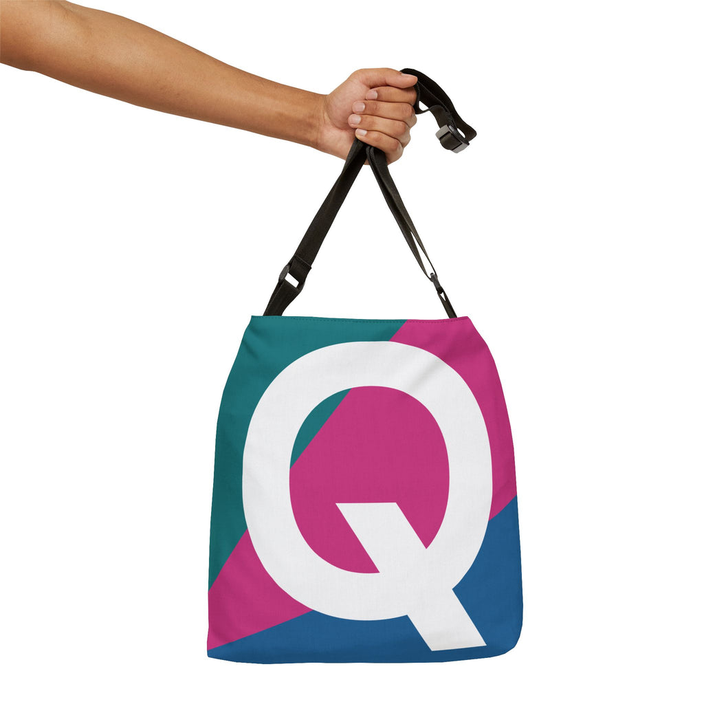 Initial Letter 'Q' Colorblock Adjustable Tote Bag — Monogram Alphabet Shoulder Bag