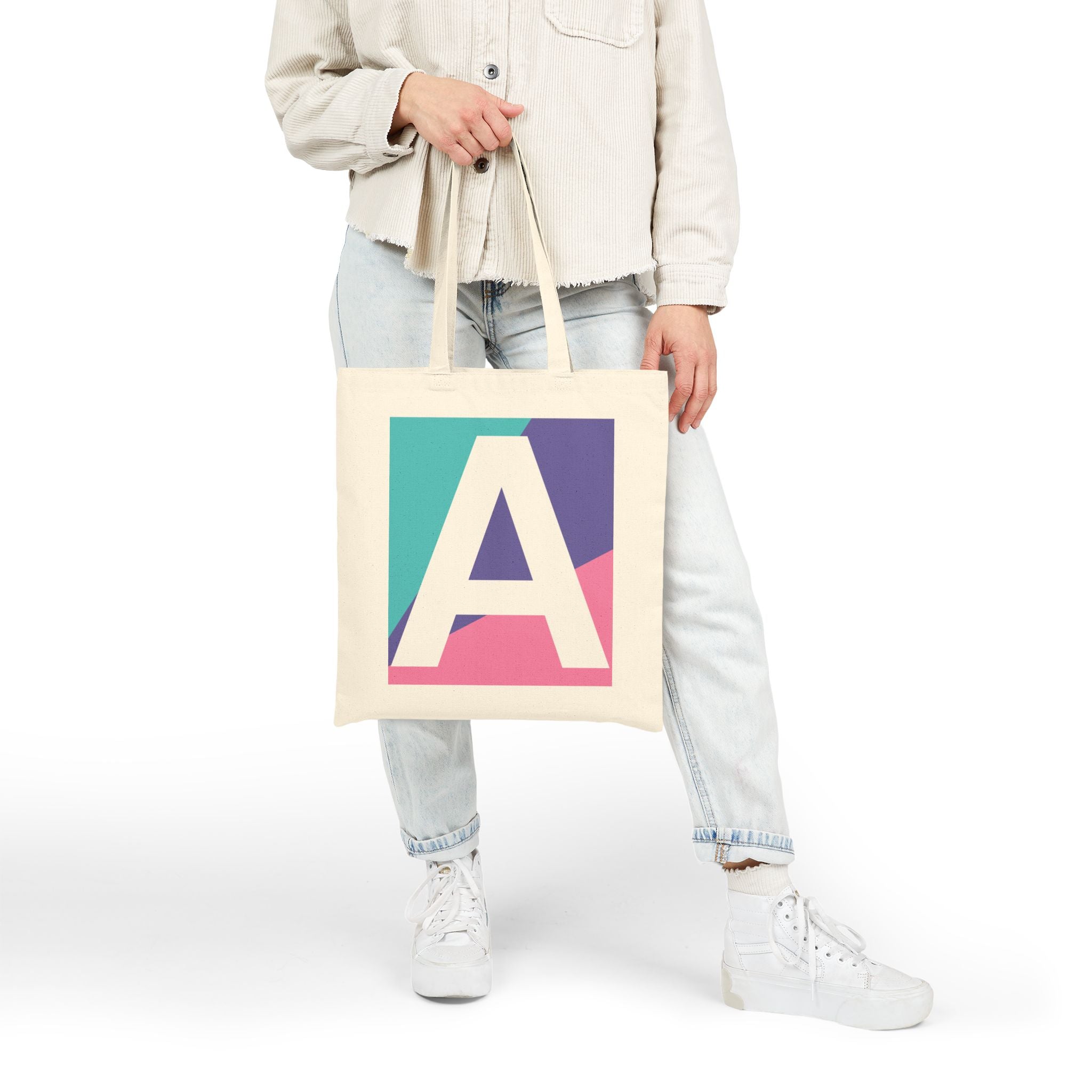Initial A Colorblock Canvas Tote Bag — Monogram Letter A Reusable Grocery Tote