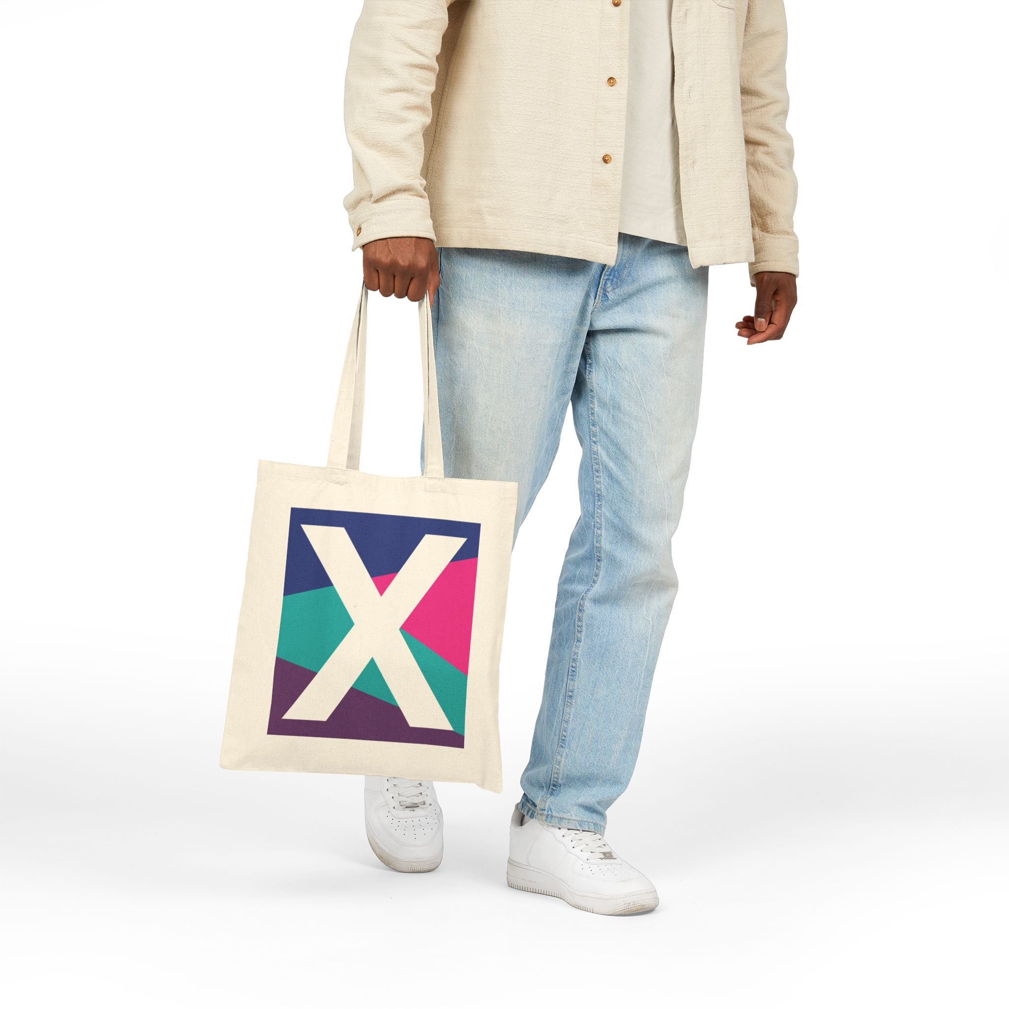 Initial X Colorblock Canvas Tote Bag — Monogram Letter X Reusable Grocery Tote