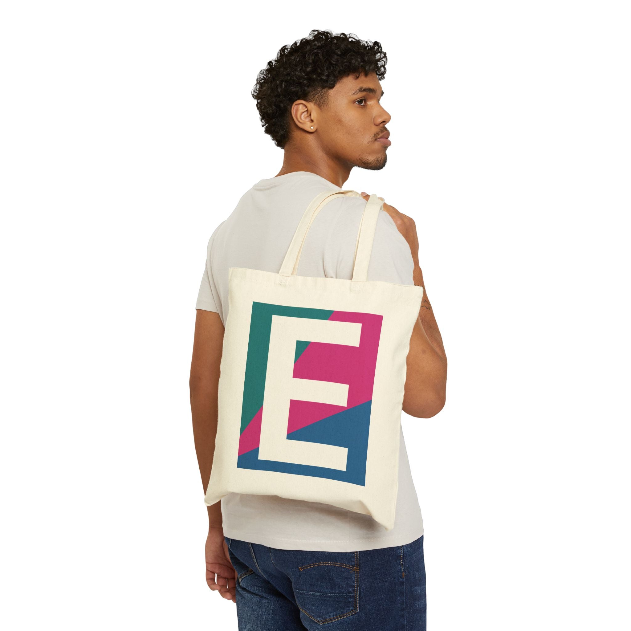 Initial E Colorblock Canvas Tote Bag — Monogram Letter E Reusable Grocery Tote
