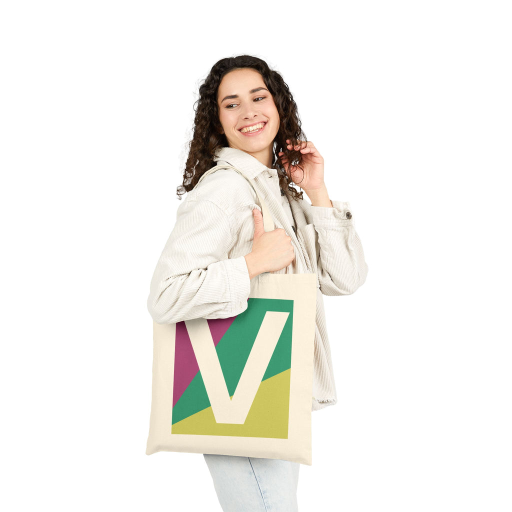 Initial V Colorblock Canvas Tote Bag — Monogram Letter V Reusable Grocery Tote