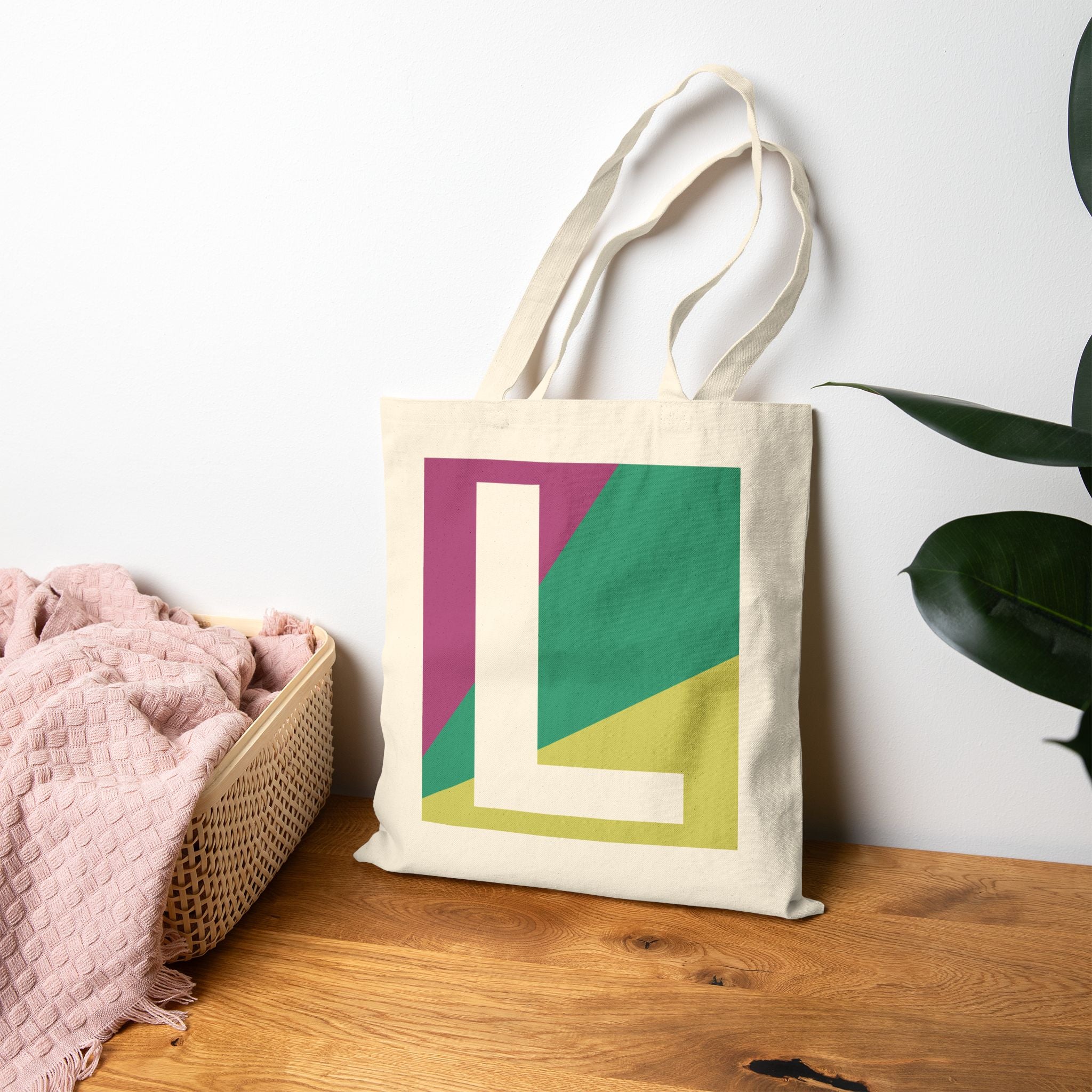 Initial L Colorblock Canvas Tote Bag — Monogram Letter L Reusable Grocery Tote