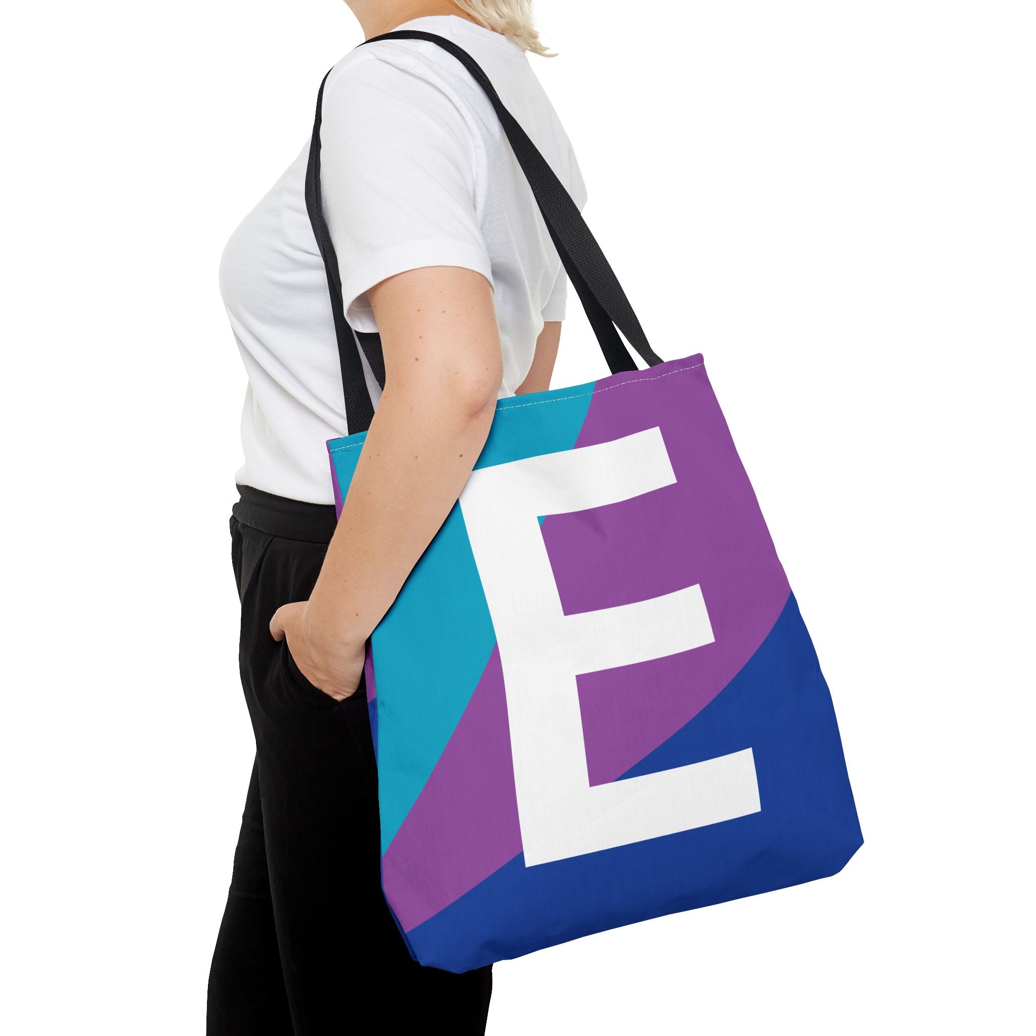 Monogram 'E' Colorblock Tote Bag — Personalized Initial E Shoulder Tote