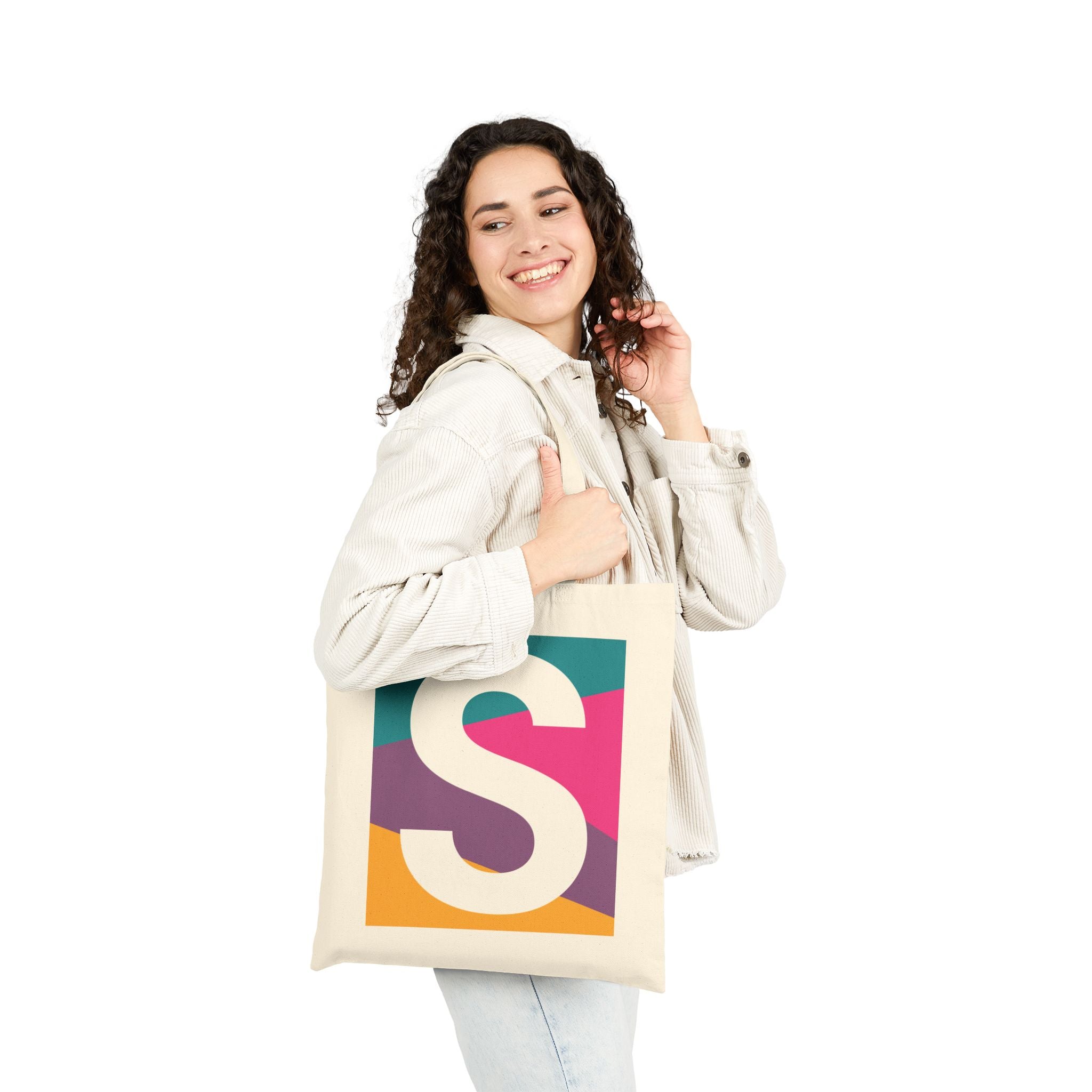 Initial S Colorblock Canvas Tote Bag — Monogram Letter S Reusable Grocery Tote
