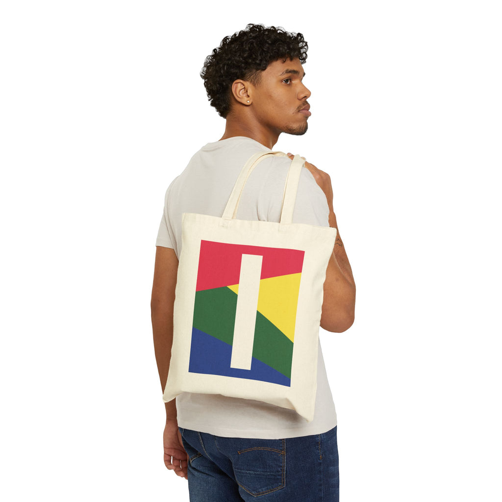 Initial I Colorblock Canvas Tote Bag — Monogram Letter I Reusable Grocery Tote