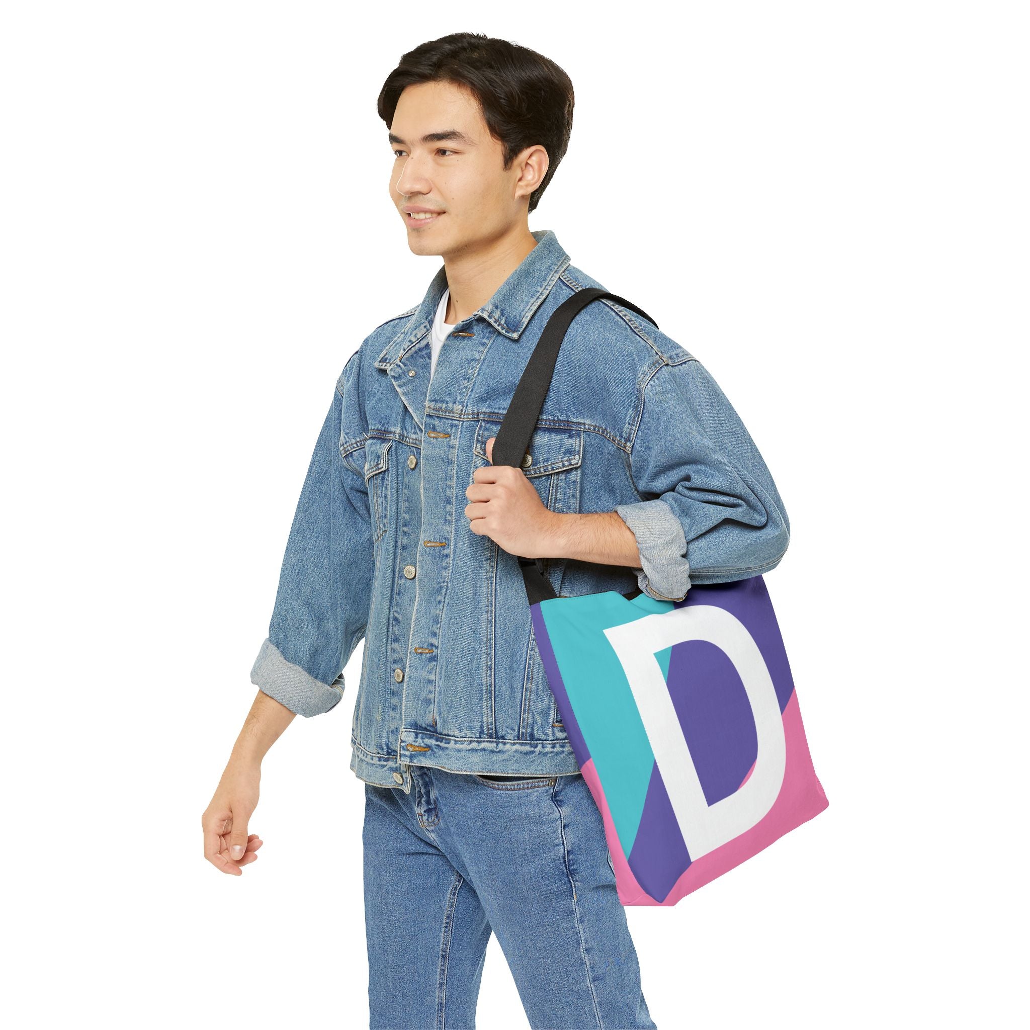 Initial Letter 'D' Colorblock Adjustable Tote Bag — Monogram Alphabet Shoulder Bag