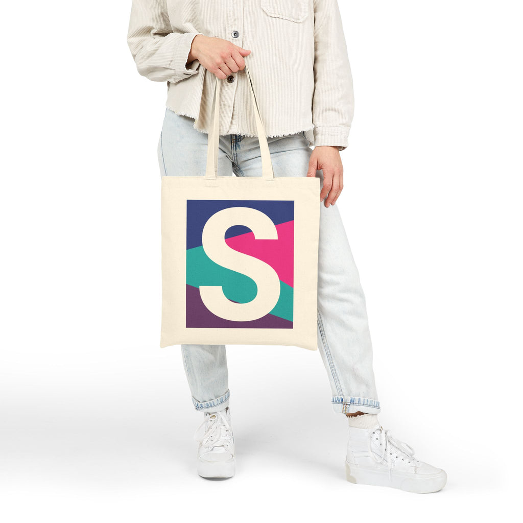 Initial S Colorblock Canvas Tote Bag — Monogram Letter S Reusable Grocery Tote