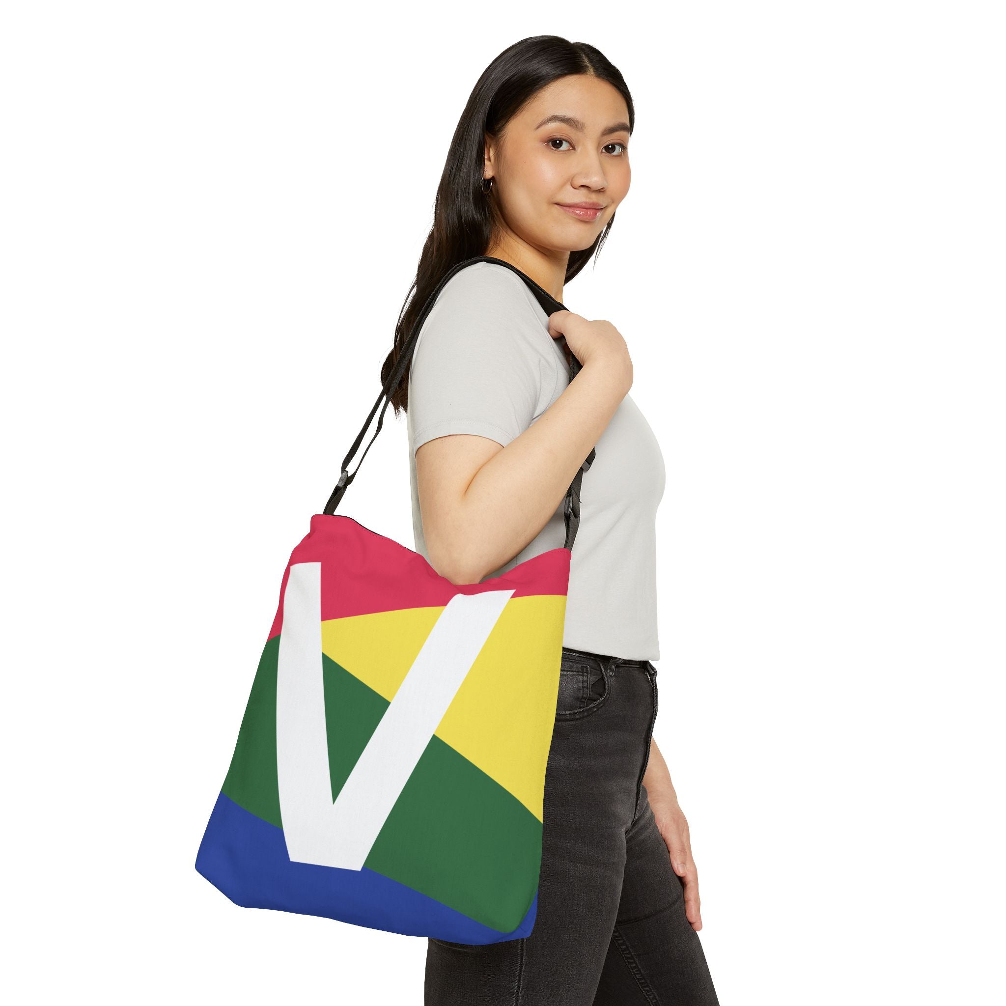Initial Letter 'V' Colorblock Adjustable Tote Bag — Monogram Alphabet Shoulder Bag