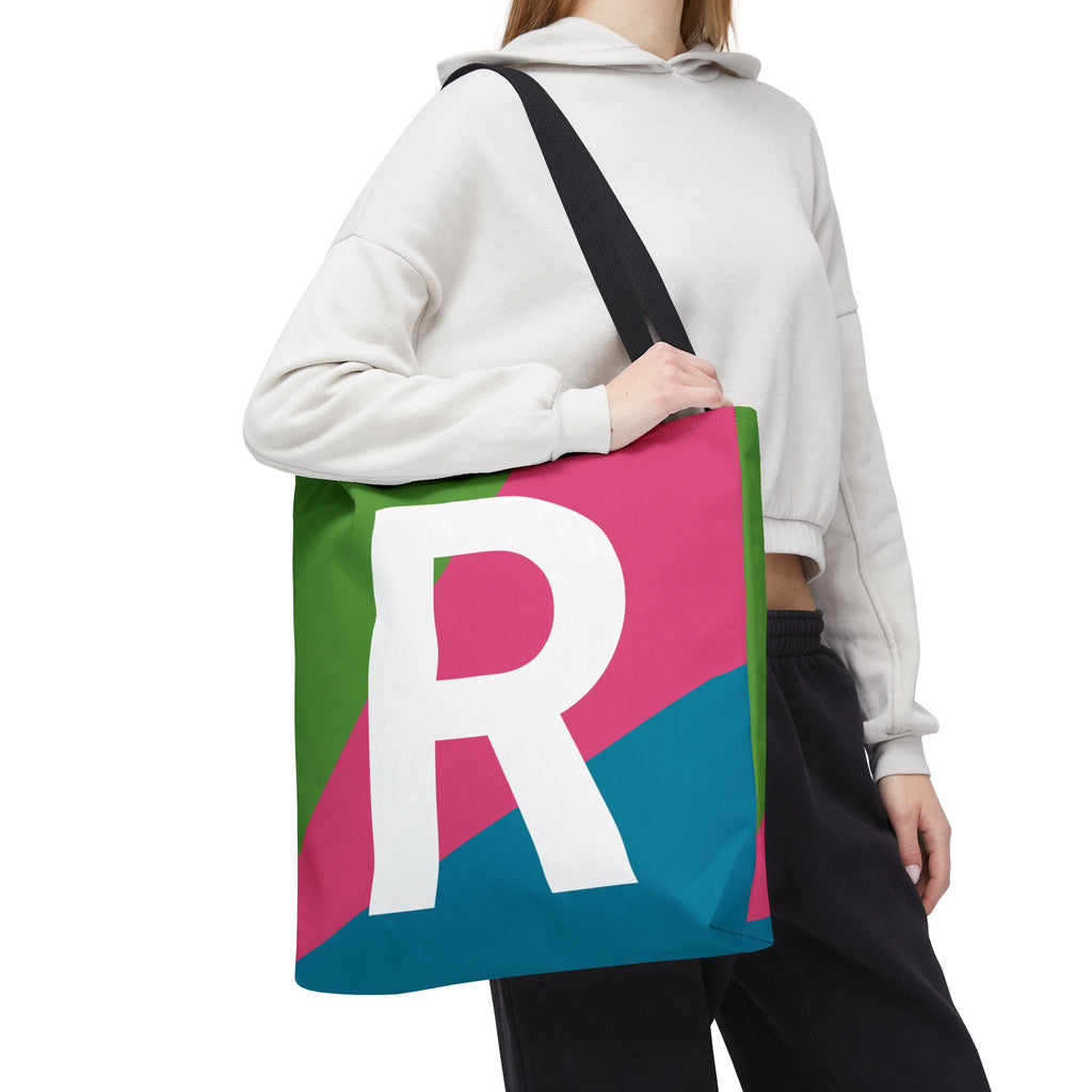Monogram 'R' Colorblock Tote Bag — Personalized Initial R Shoulder Tote