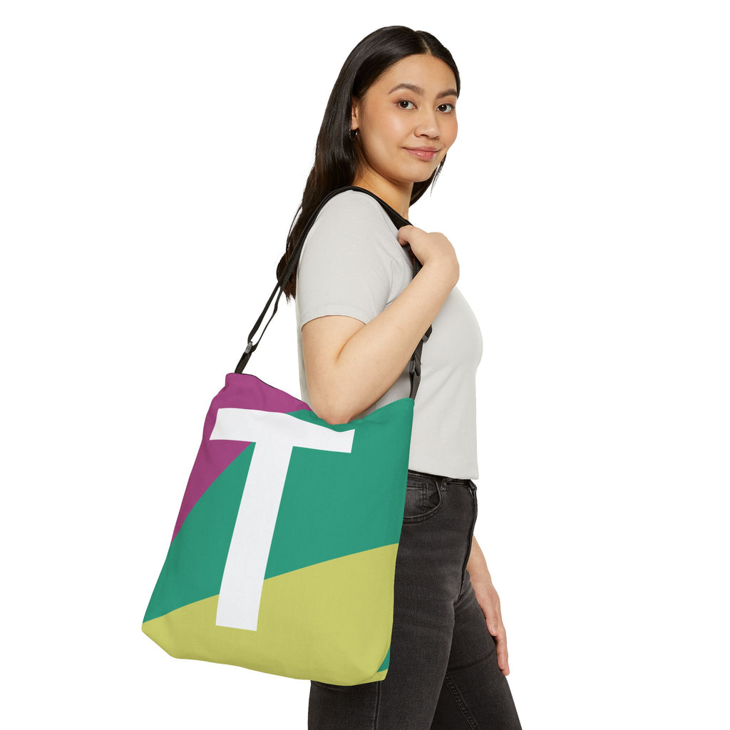 Initial Letter 'T' Colorblock Adjustable Tote Bag — Monogram Alphabet Shoulder Bag