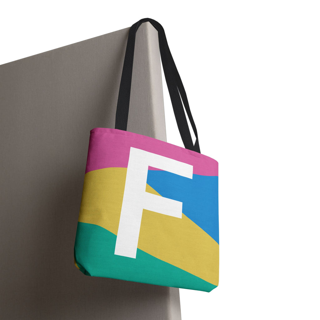Monogram 'F' Colorblock Tote Bag — Personalized Initial F Shoulder Tote