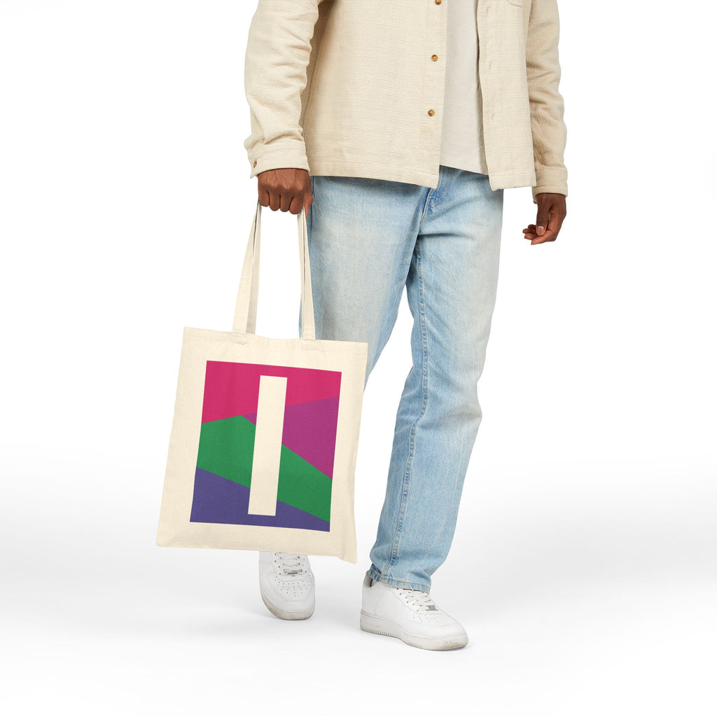 Initial I Colorblock Canvas Tote Bag — Monogram Letter I Reusable Grocery Tote