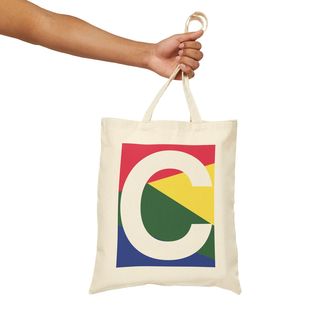 Initial C Colorblock Canvas Tote Bag — Monogram Letter C Reusable Grocery Tote