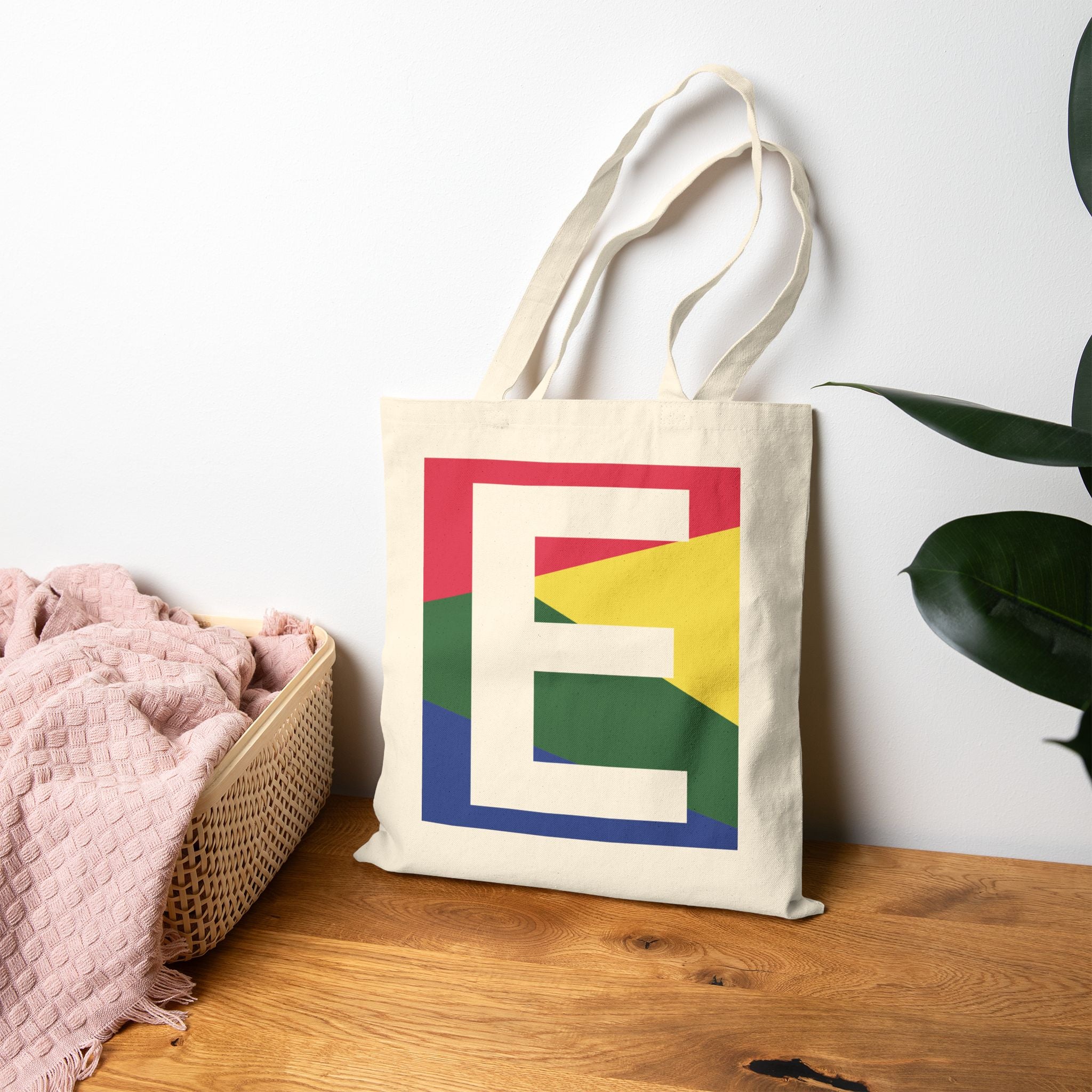 Initial E Colorblock Canvas Tote Bag — Monogram Letter E Reusable Grocery Tote