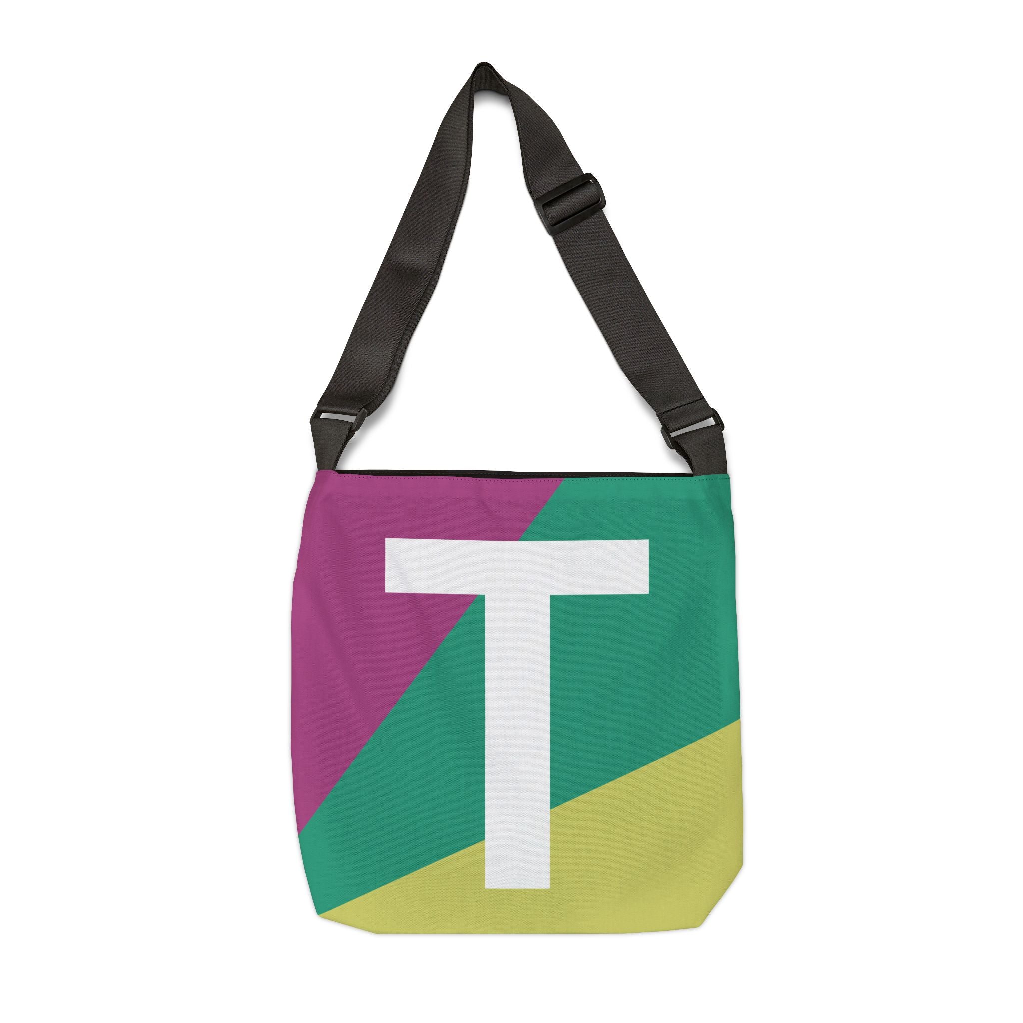 Initial Letter 'T' Colorblock Adjustable Tote Bag — Monogram Alphabet Shoulder Bag