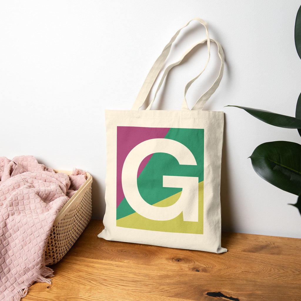 Initial G Colorblock Canvas Tote Bag — Monogram Letter G Reusable Grocery Tote