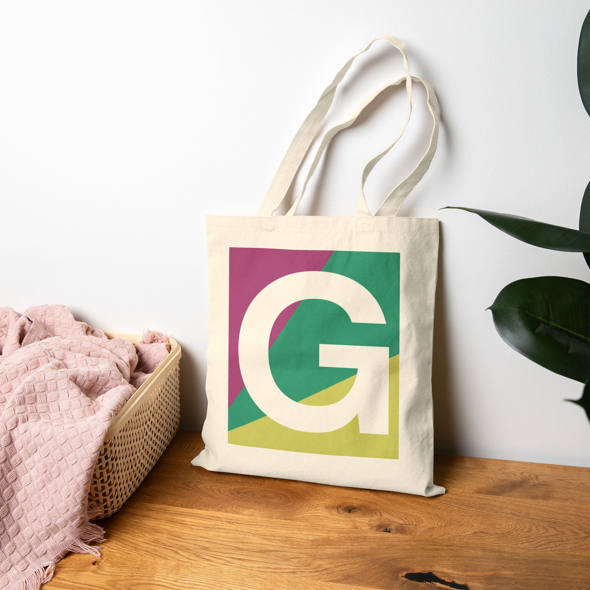 Initial G Colorblock Canvas Tote Bag — Monogram Letter G Reusable Grocery Tote