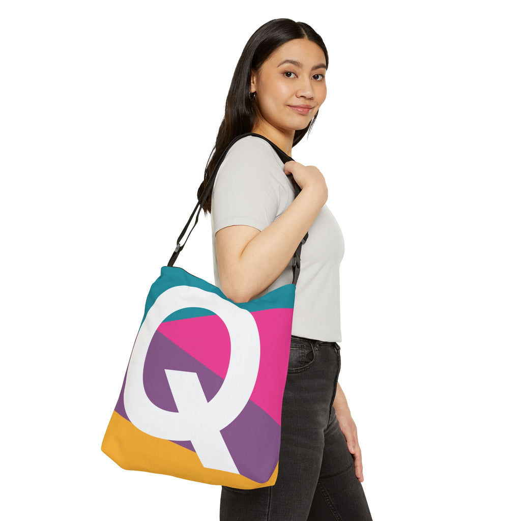 Initial Letter 'Q' Colorblock Adjustable Tote Bag — Monogram Alphabet Shoulder Bag