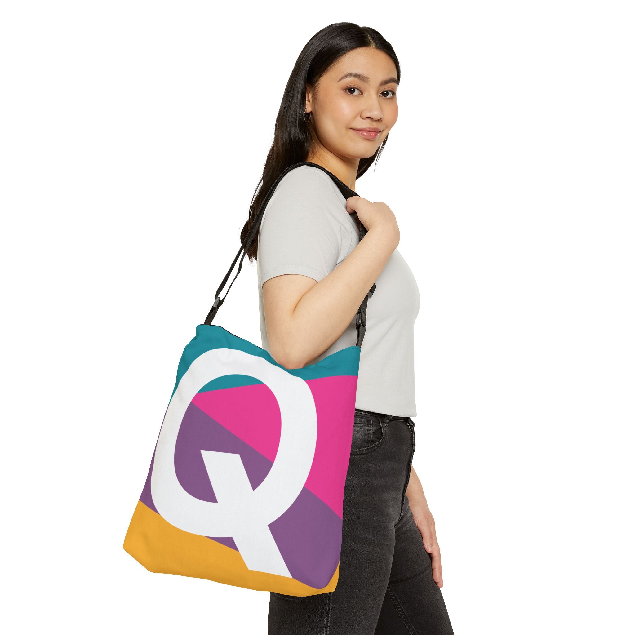 Initial Letter 'Q' Colorblock Adjustable Tote Bag — Monogram Alphabet Shoulder Bag
