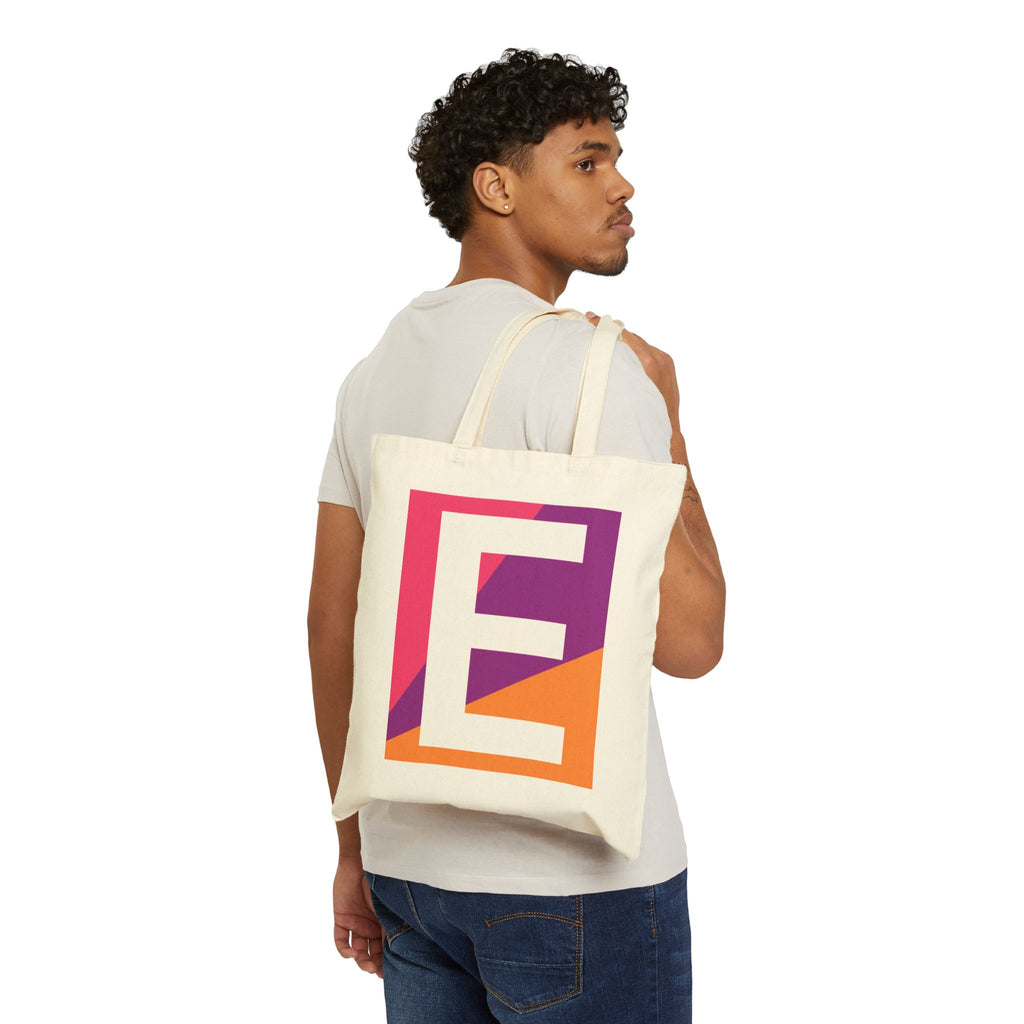 Initial E Colorblock Canvas Tote Bag — Monogram Letter E Reusable Grocery Tote