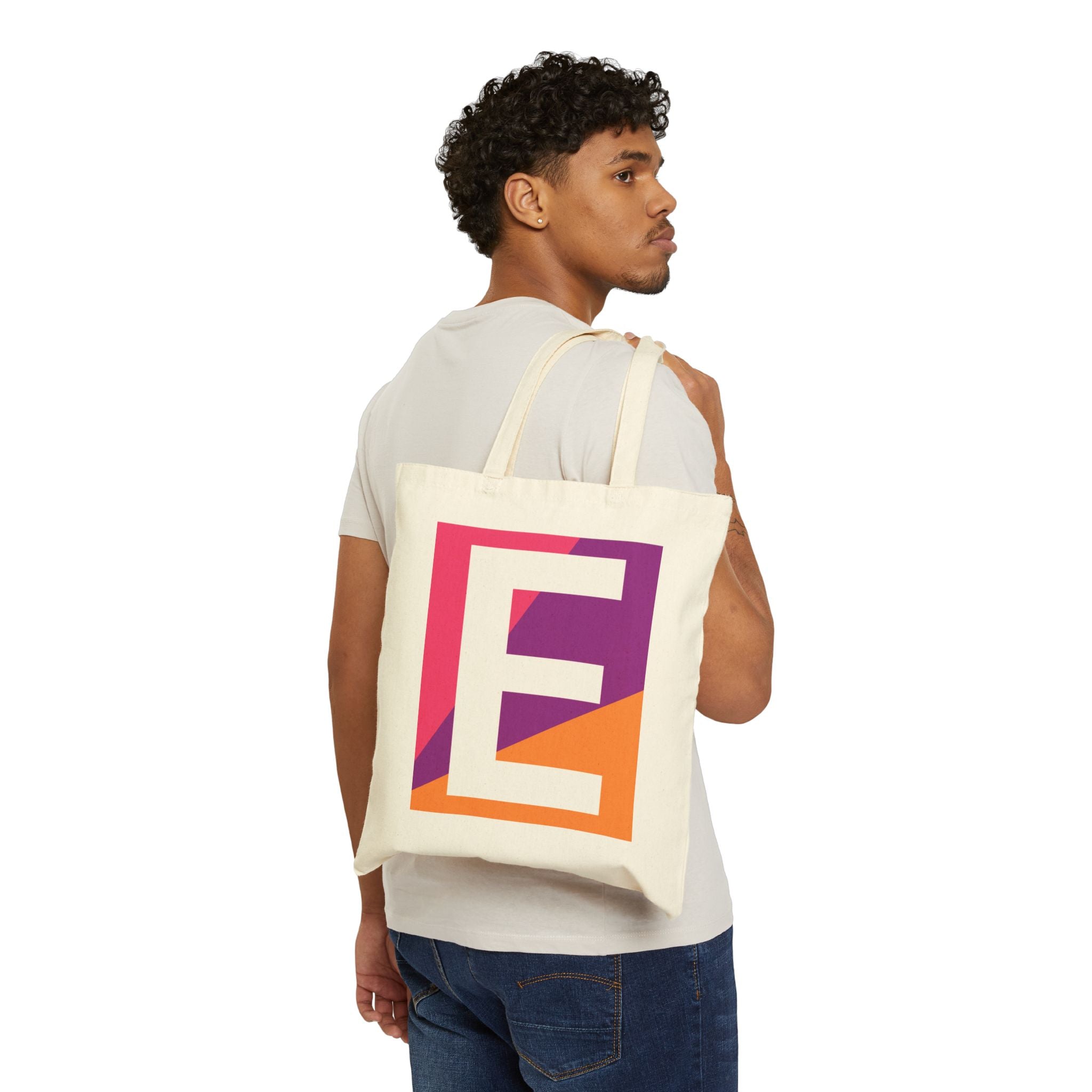 Initial E Colorblock Canvas Tote Bag — Monogram Letter E Reusable Grocery Tote