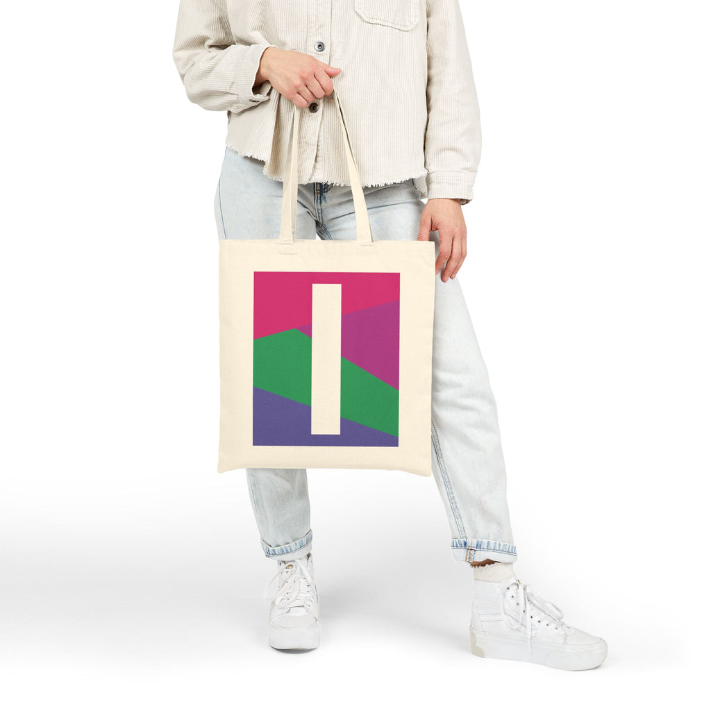 Initial I Colorblock Canvas Tote Bag — Monogram Letter I Reusable Grocery Tote
