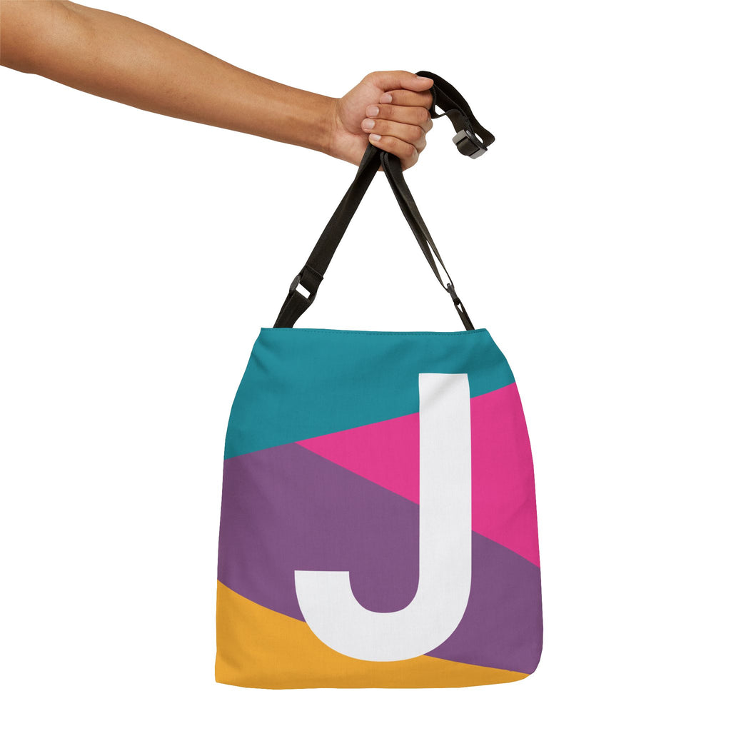 Initial Letter 'J' Colorblock Adjustable Tote Bag — Monogram Alphabet Shoulder Bag