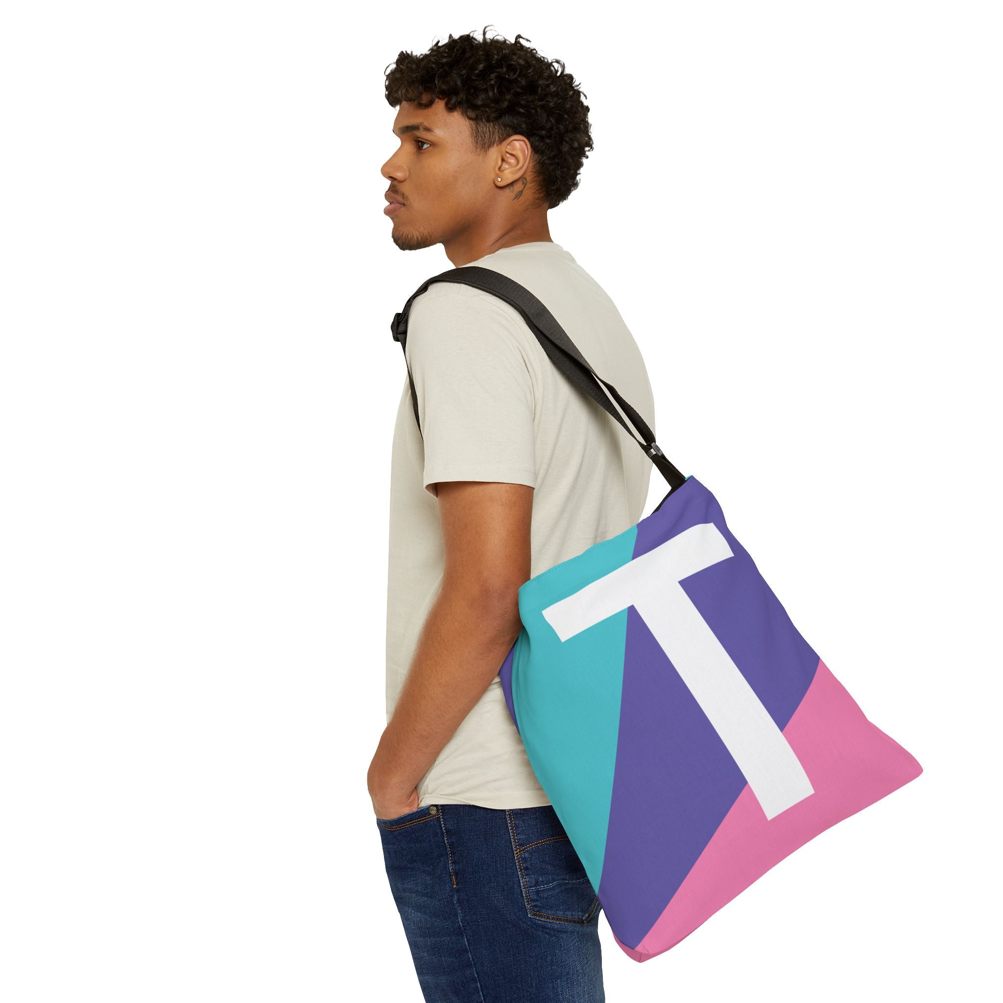 Initial Letter 'T' Colorblock Adjustable Tote Bag — Monogram Alphabet Shoulder Bag