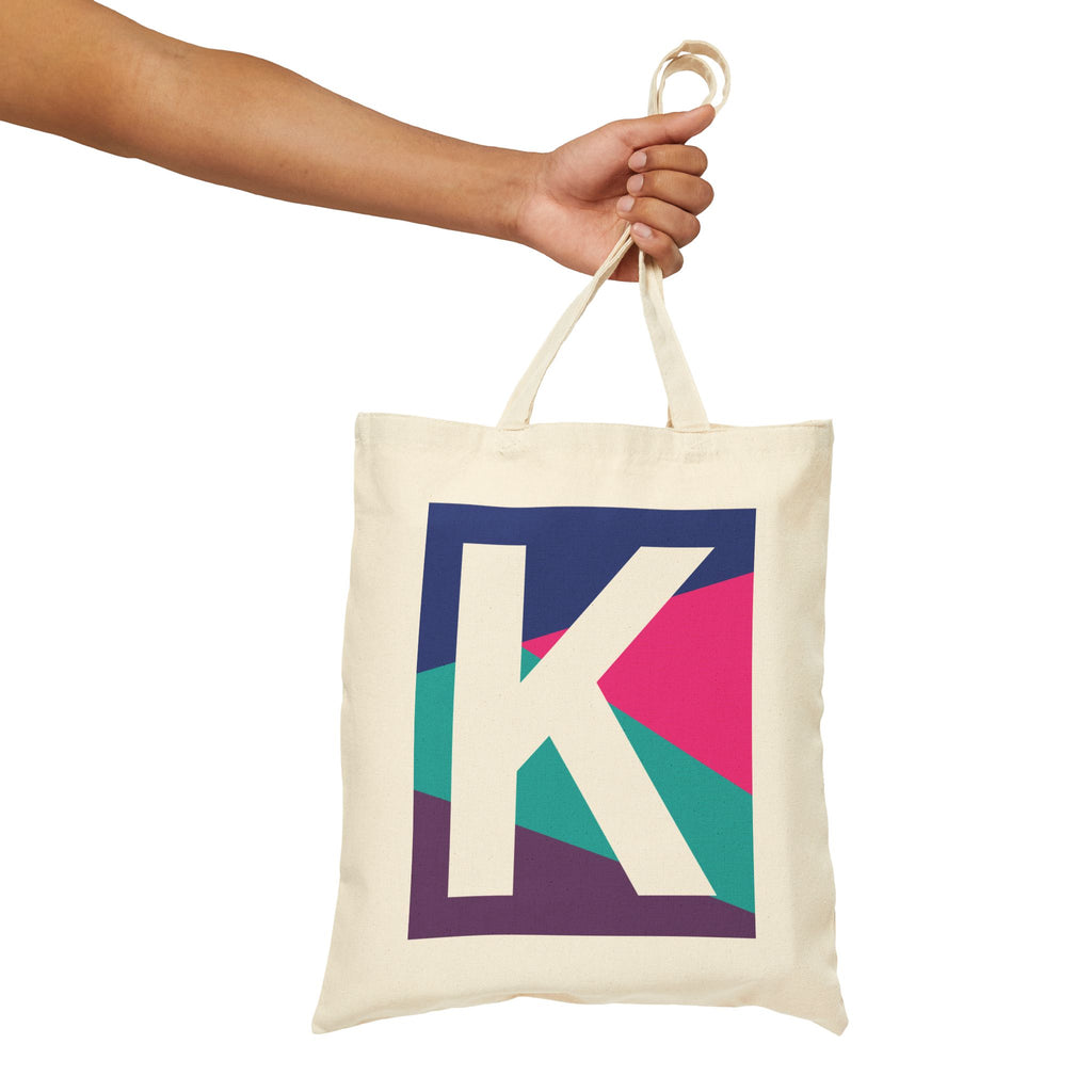 Initial K Colorblock Canvas Tote Bag — Monogram Letter K Reusable Grocery Tote
