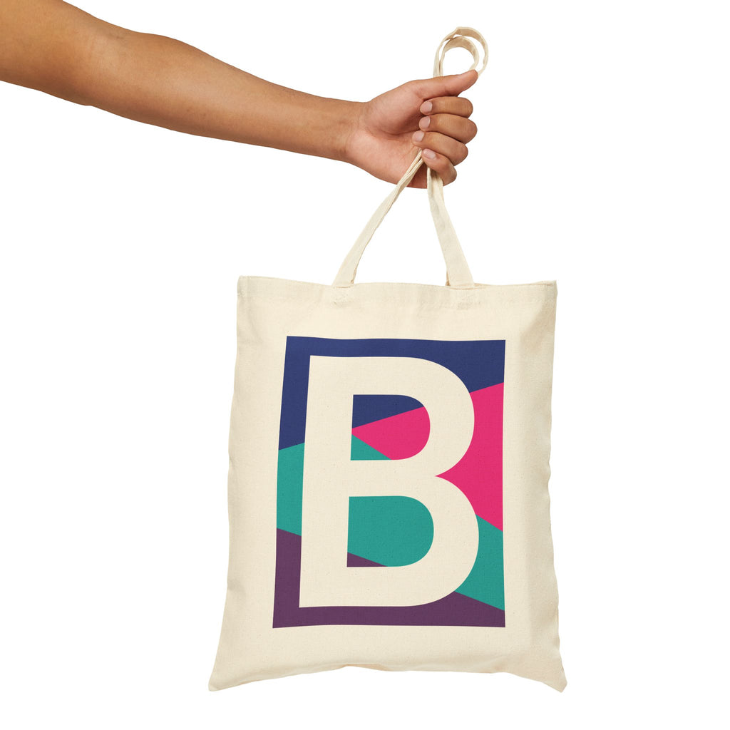 Initial B Colorblock Canvas Tote Bag — Monogram Letter B Reusable Grocery Tote