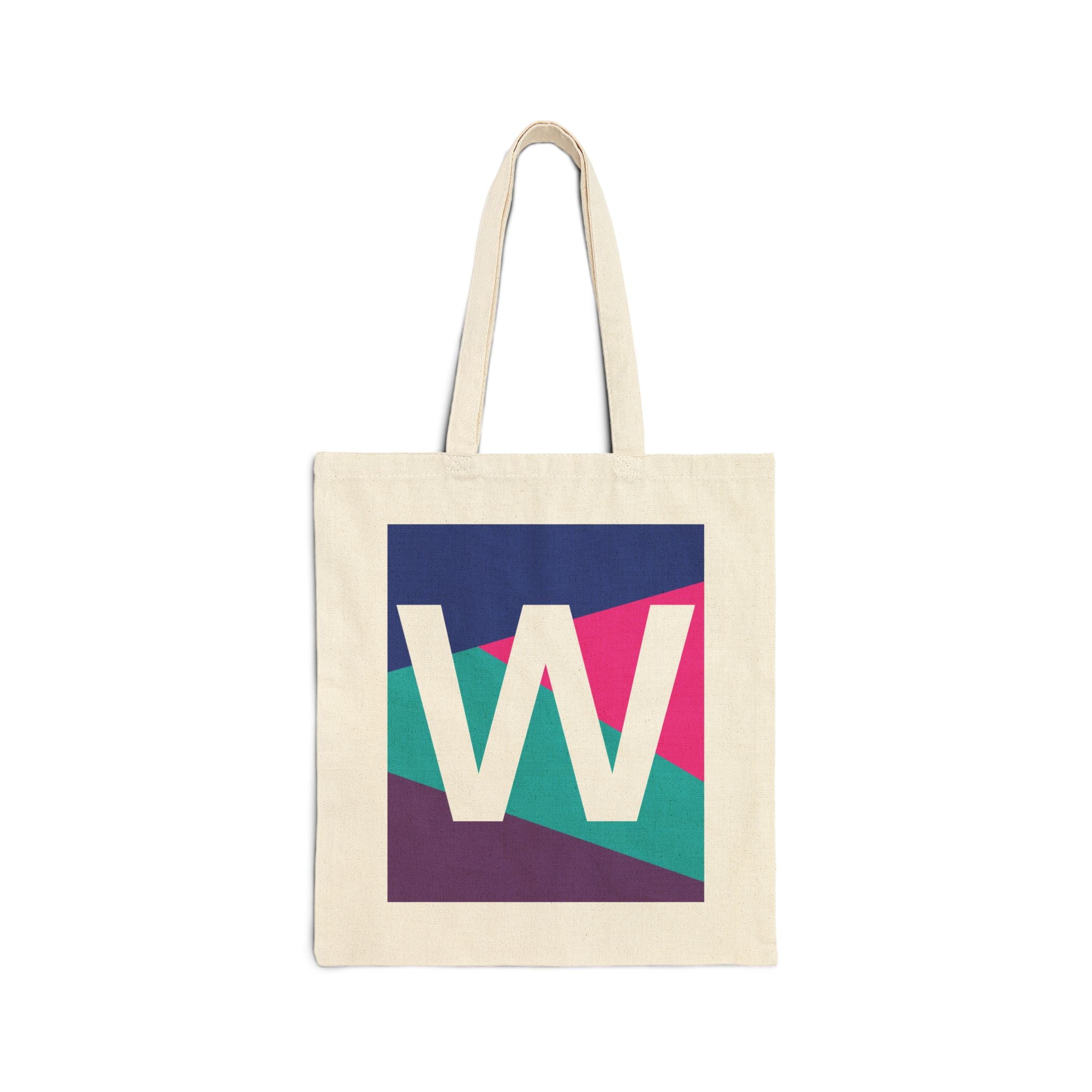 Initial W Colorblock Canvas Tote Bag — Monogram Letter W Reusable Grocery Tote